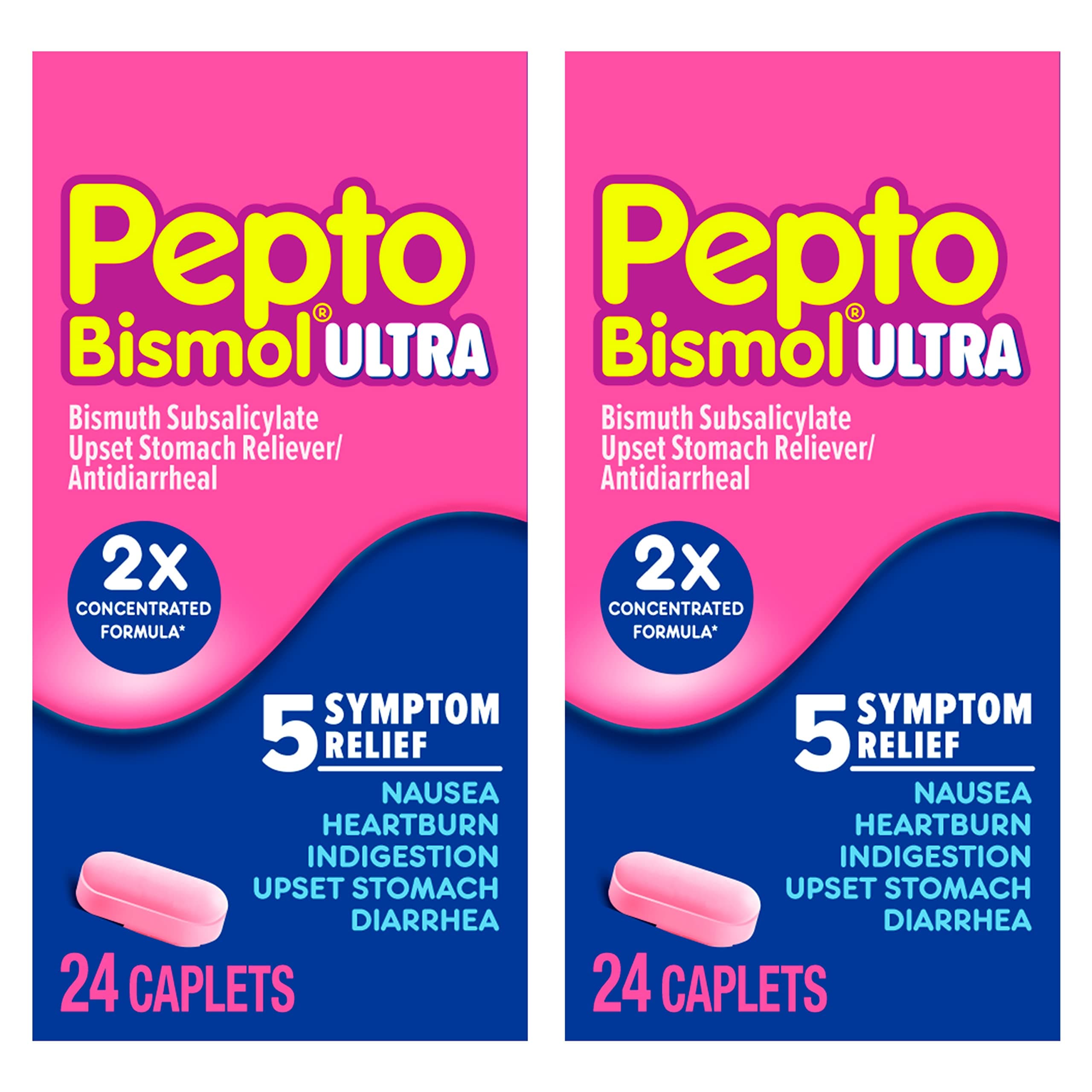 Pepto Bismol Caplets Ultra for Nausea, Heartburn, Indigestion, Upset Stomach, and Diarrhea - 5 Symptom Fast Relief, 48 Total (2 Packs of 24)