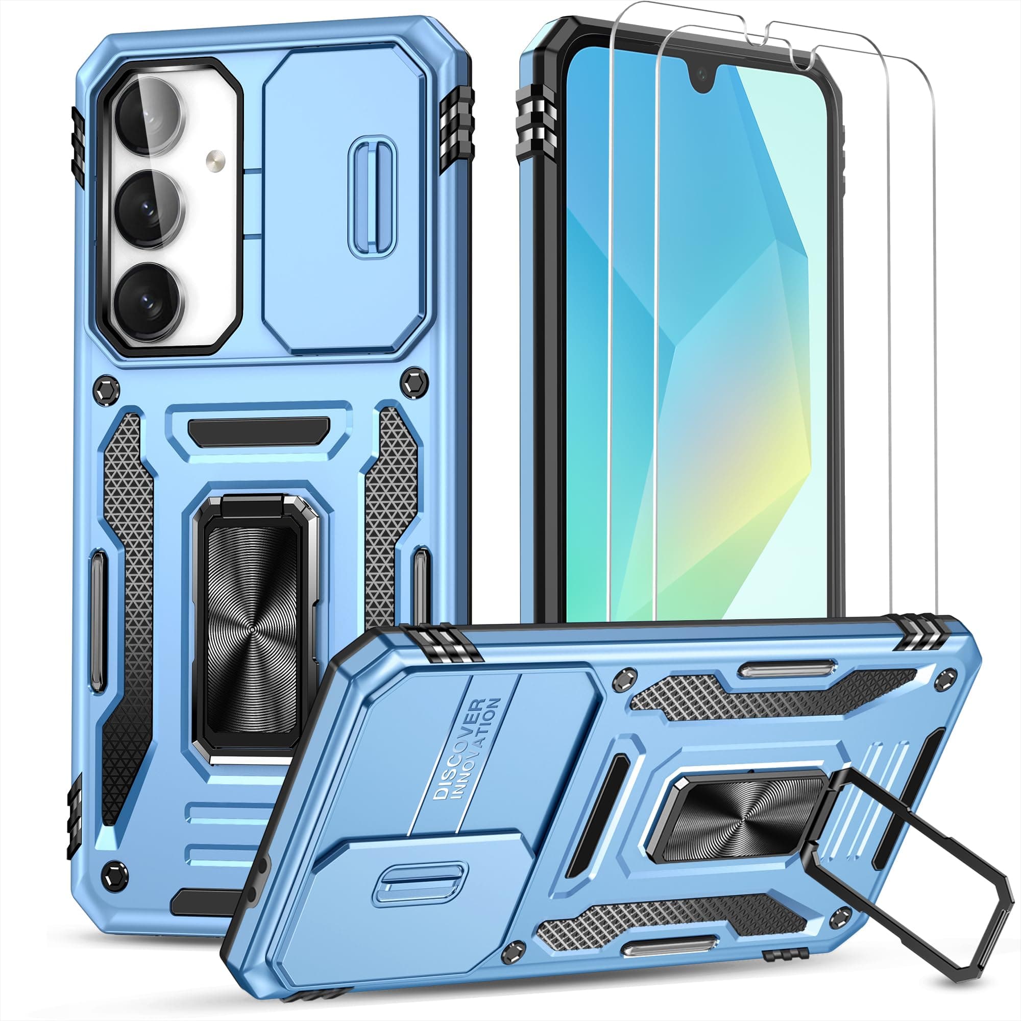 Ezanmull for Samsung Galaxy A16 5G Case with Slide Camera Cover + Screen Protector(2 Packs), Rotated Ring Kickstand Military Grade Shockproof Protective Cover for Samsung Galaxy A16 5G (Light Blue)