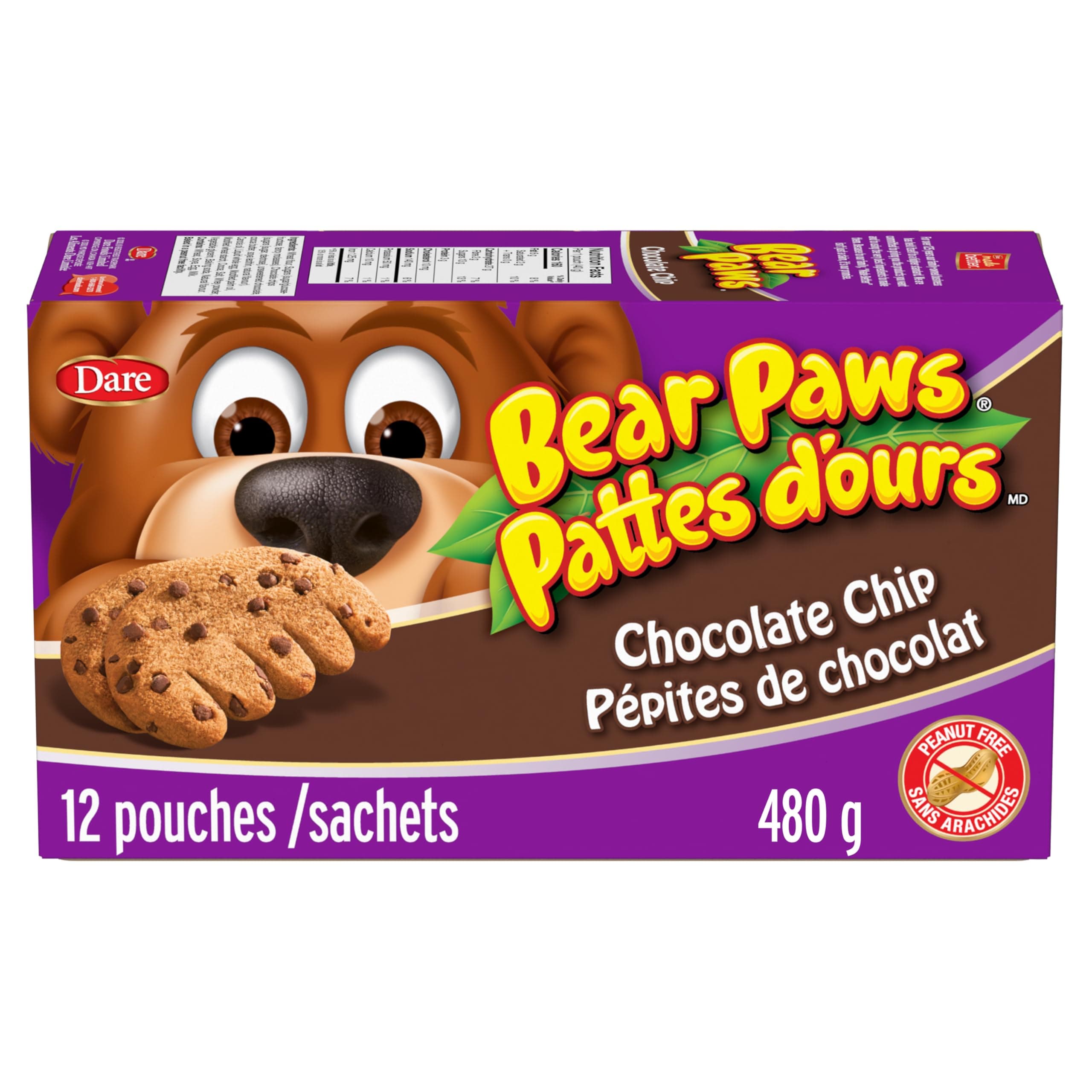 Dare Bear Paws, Chocolate Chip Soft Cookies, 480g/16.9 oz., x 12 Pouches, Family Pack, Peanut Free (Imported from Canada)