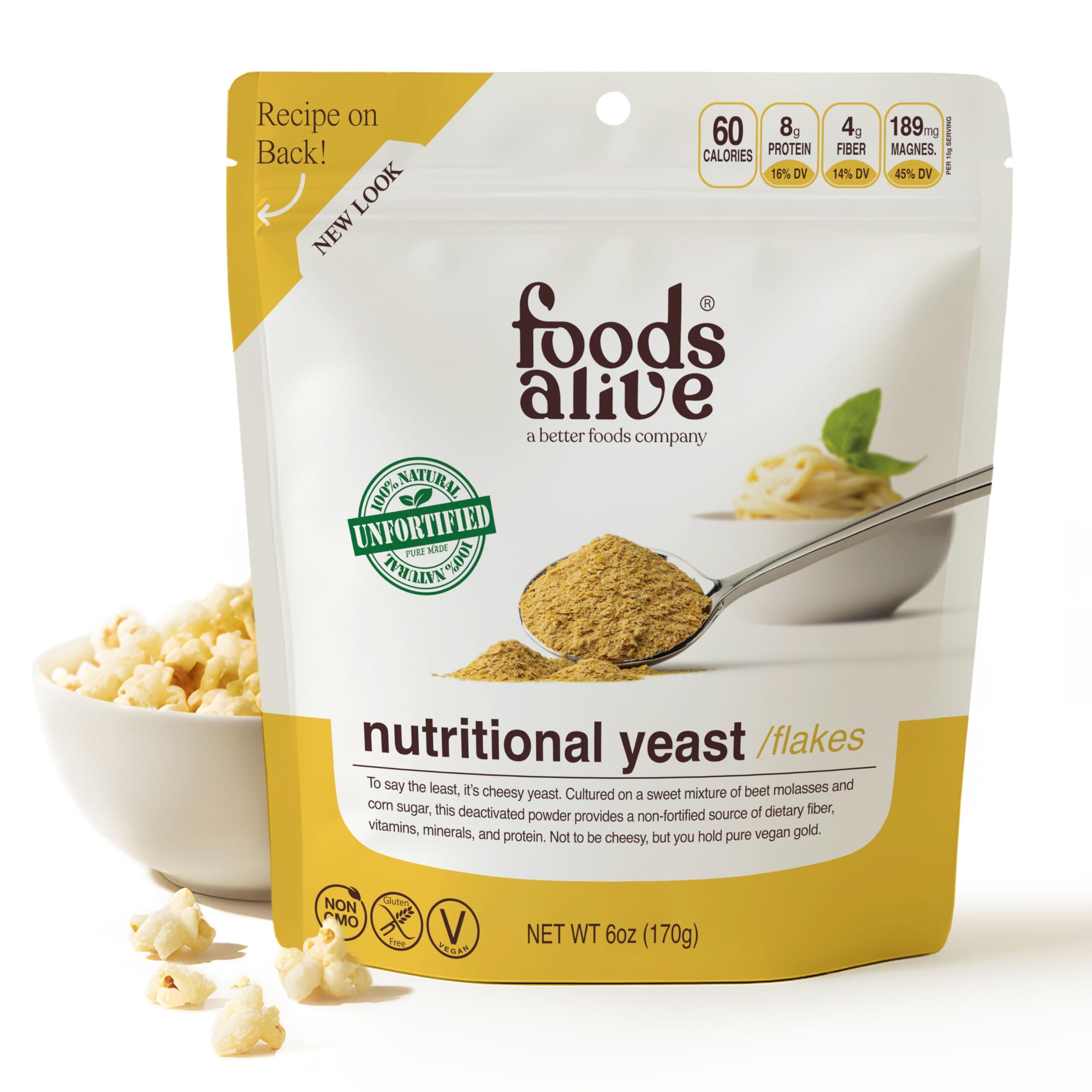 Foods Alive Nutritional Yeast Flakes – 6oz Pouch | Non-Fortified, Vegan, Gluten-Free, Non-GMO | Dairy-Free Cheese Substitute, Plant-Based Protein & Fiber