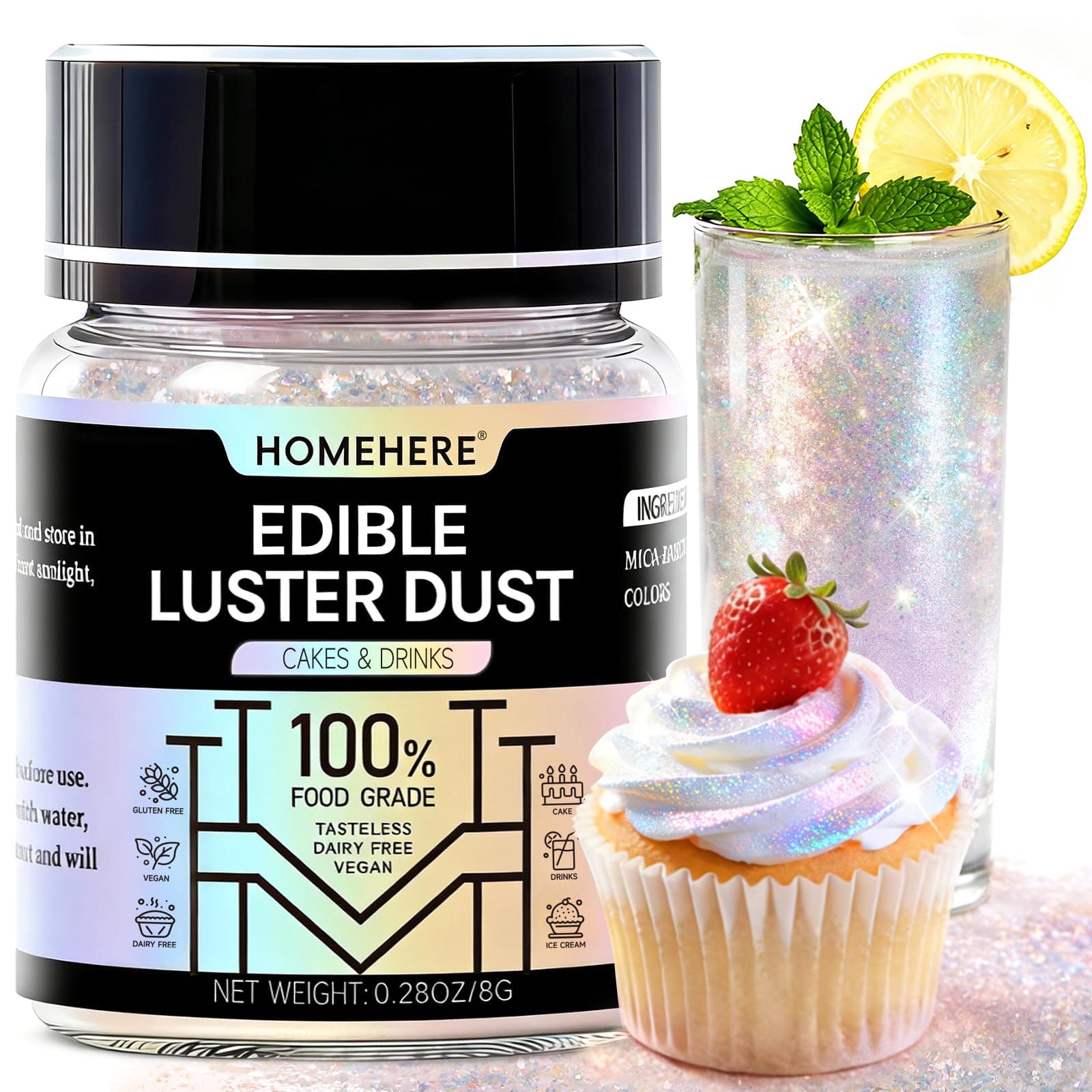 Edible Luster Dust Food-Grade Glimmer Powder Glitter for Cake Decorating 15g, Edible Sprinkle Glitter for Cocktails Drinks Baking Candy Dessert Chocolate Vegan Tasteless