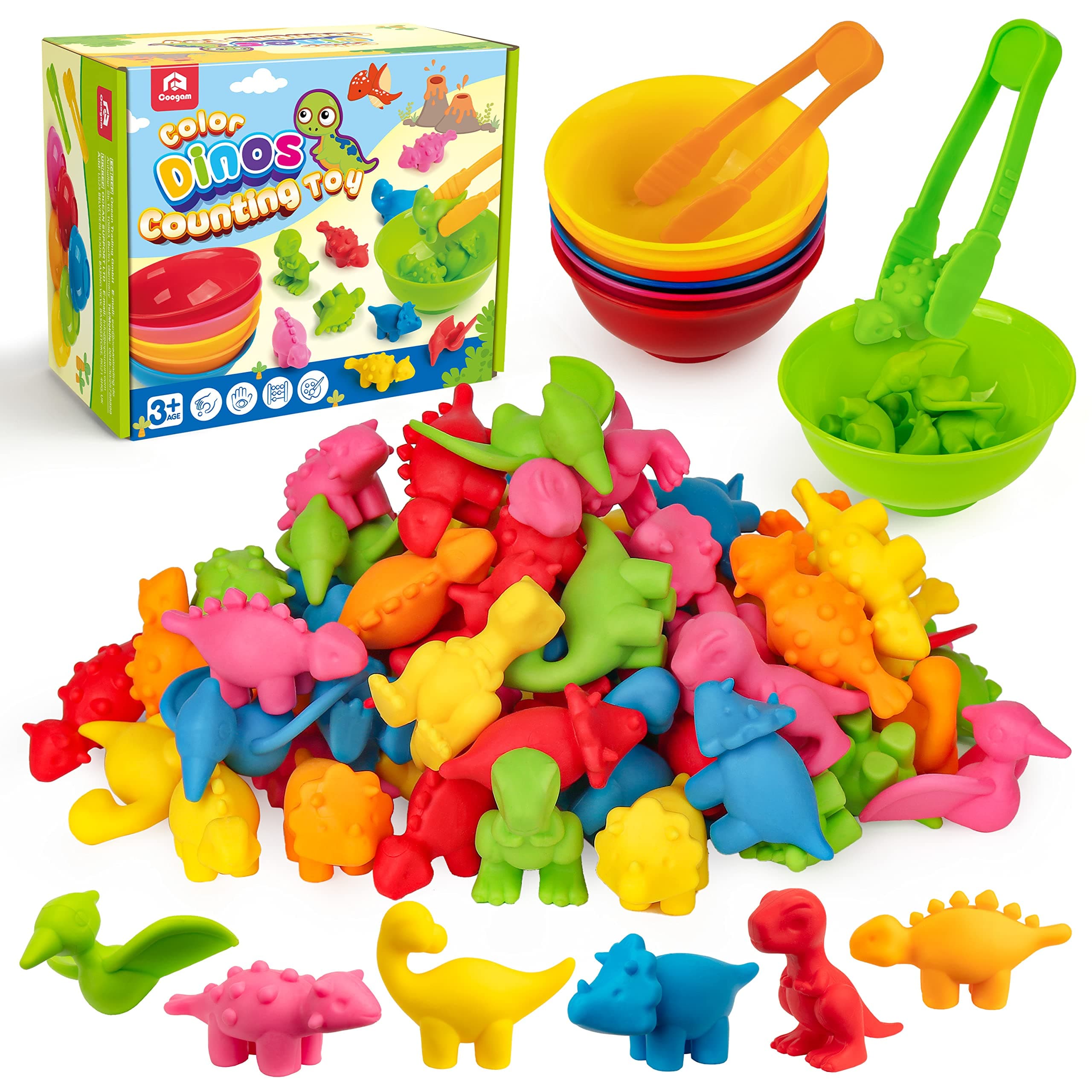 Counting Dinosaur Sorting Toy Set, Color Matching Classification Game, Montessori Fine Motor Skill Preschool Educational Learning Toys for 3 4 5 Years Old