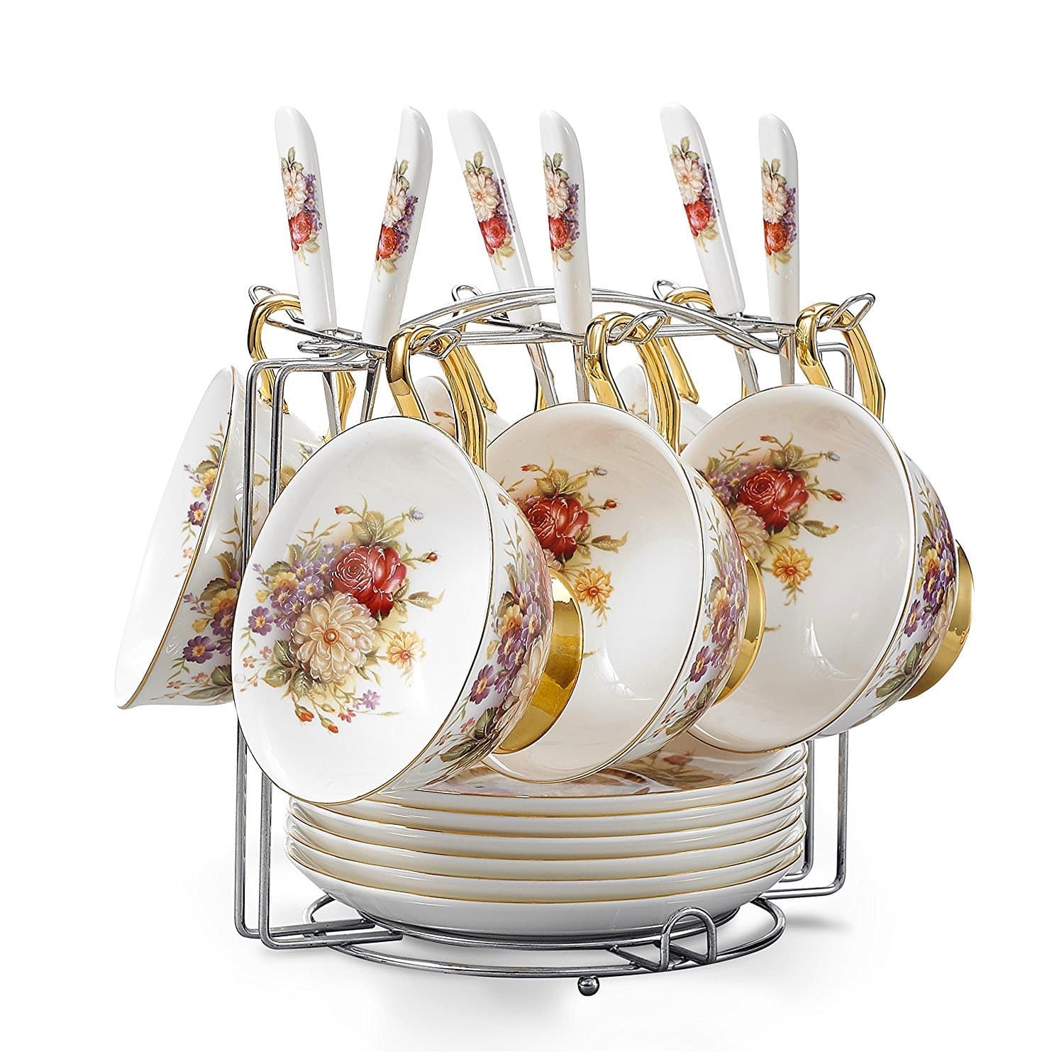 TouchLife Set of 6 Bone China Ceramic Tea Cup Coffee Cup Set Coffee Cup with Saucer,Small Flower,White and Red,with Bracket