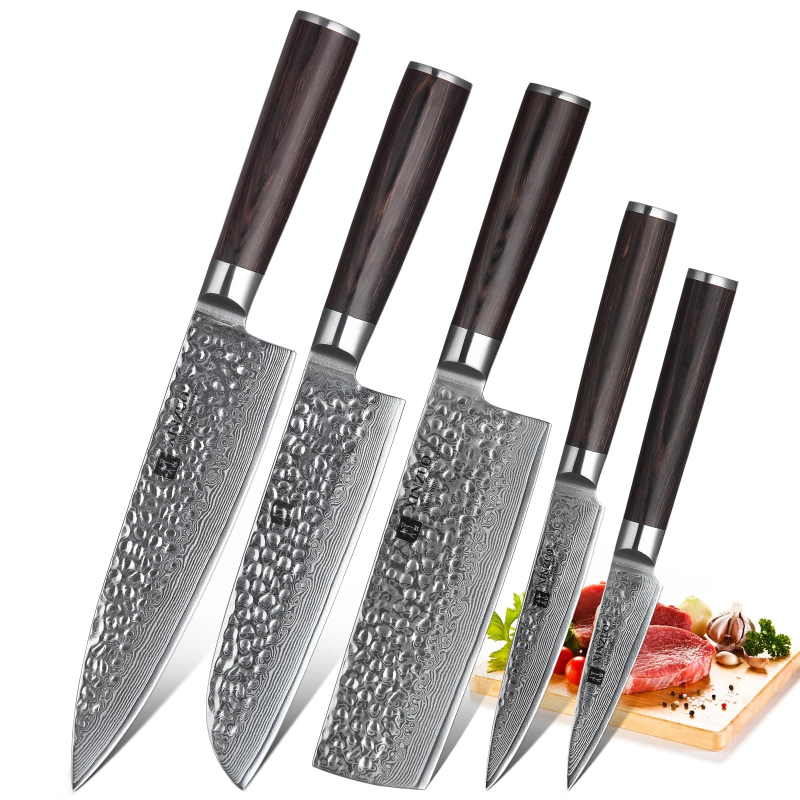 XINZUO Kitchen Cutting Knife Set of 5 Piece,67 Layers Hammered Damascus Blade,Razor Sharp Japanese-Style Chef Knife Set with Pakkawood Handle,Gift Box