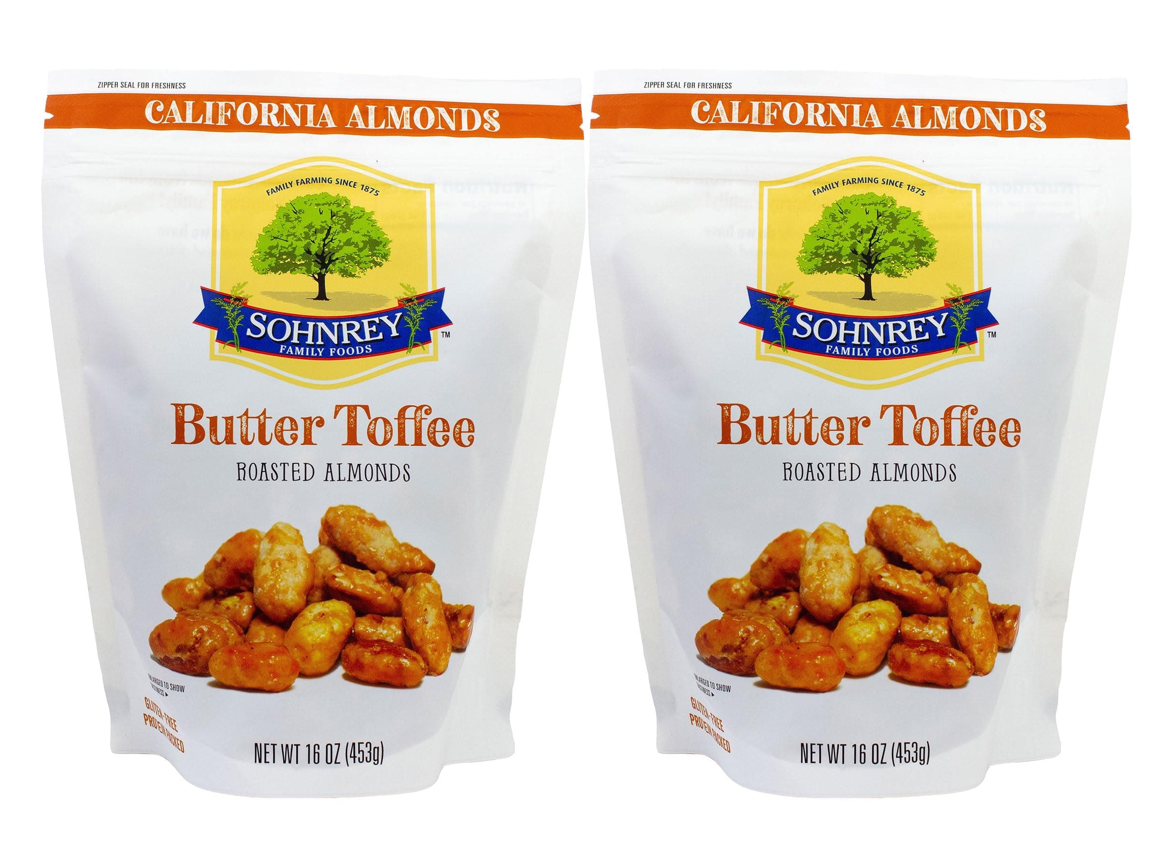 Butter Toffee Almonds Fresh Gourmet Sweet and Salty Crunch (16 oz) Resealable Bag from Sohnrey Family Foods (2-Pack (32 oz))