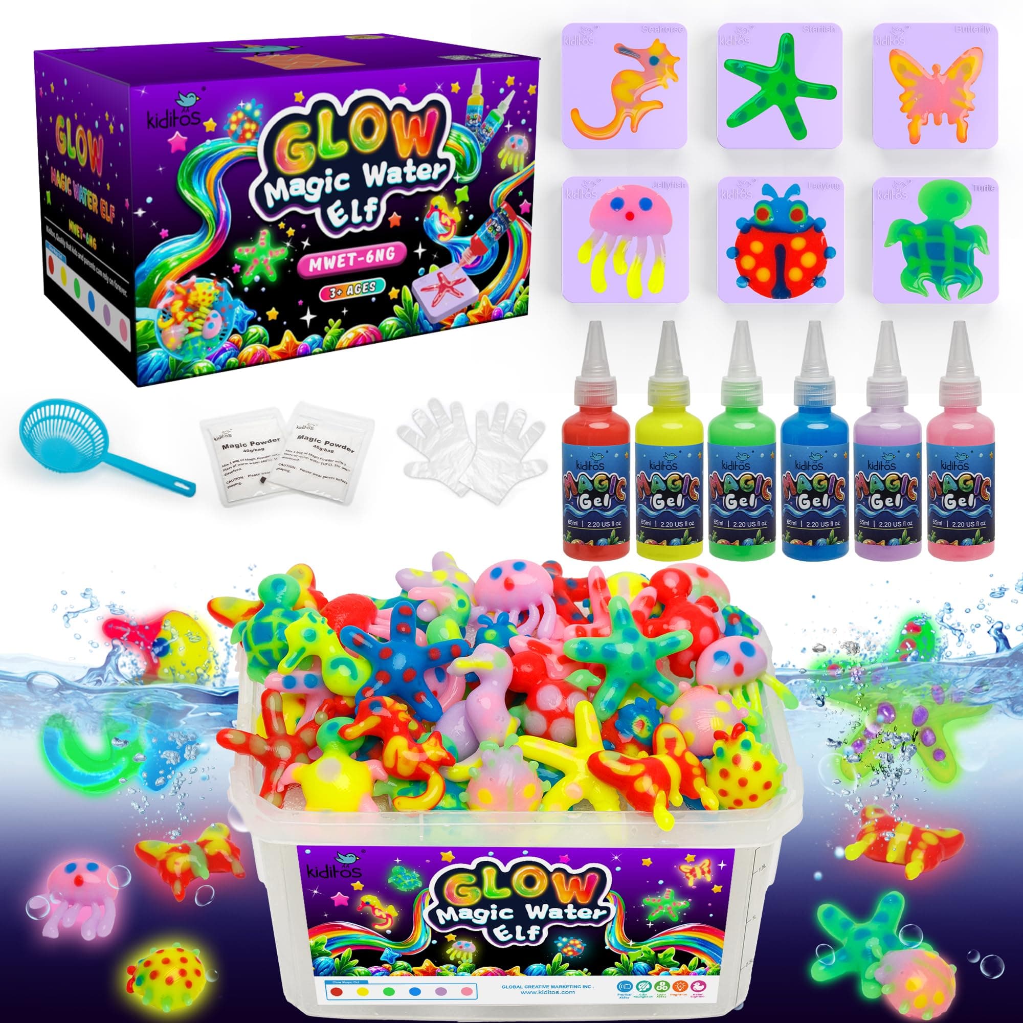 Kiditos Magic Water Elf Toy Kit Glow in the Dark – Make Your Own Water Pets, 6 Magic Gels & 6 Molds, Kids DIY Sensory Craft Kit, STEM Science Toy, Birthday Party Favor Gift for Kids Ages 3+