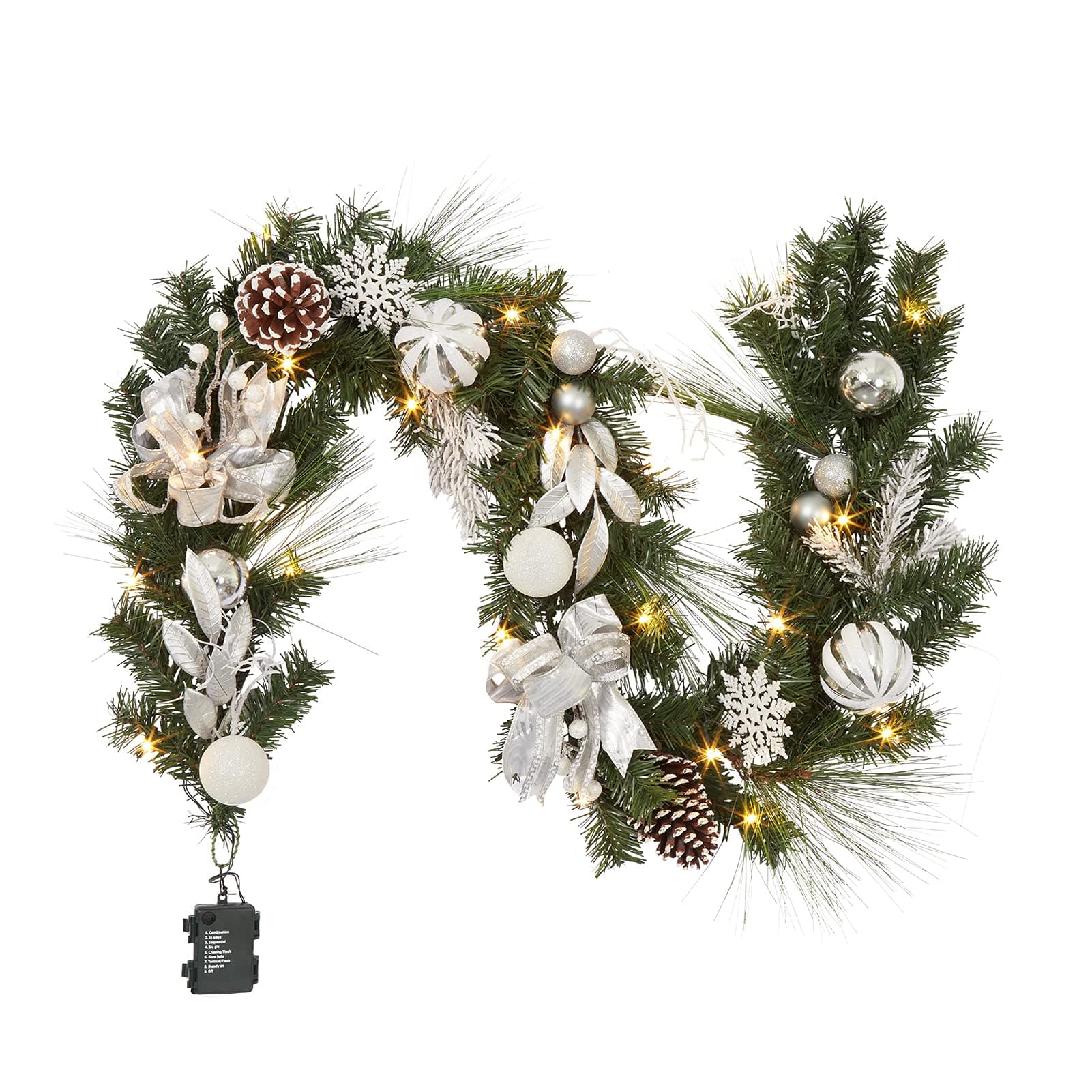 Adeeing Christmas Garland with Lights, 6 ft Pre-lit Silver White Christmas Garland with Ball Ornaments Pine Cones Berries Battery Operated Lights for Indoor Outdoor Fireplace Staircase Decoration