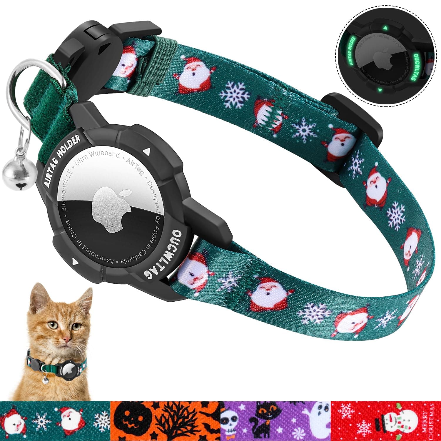 AirTag Cat Collar Breakaway, Integrated GPS Cat Collar with Luminous Apple Air Tag Holder, Cat Tracker Collars with Safety Elastic Band for Cats, Kittens and Puppies (Green, 9-13 Inch)