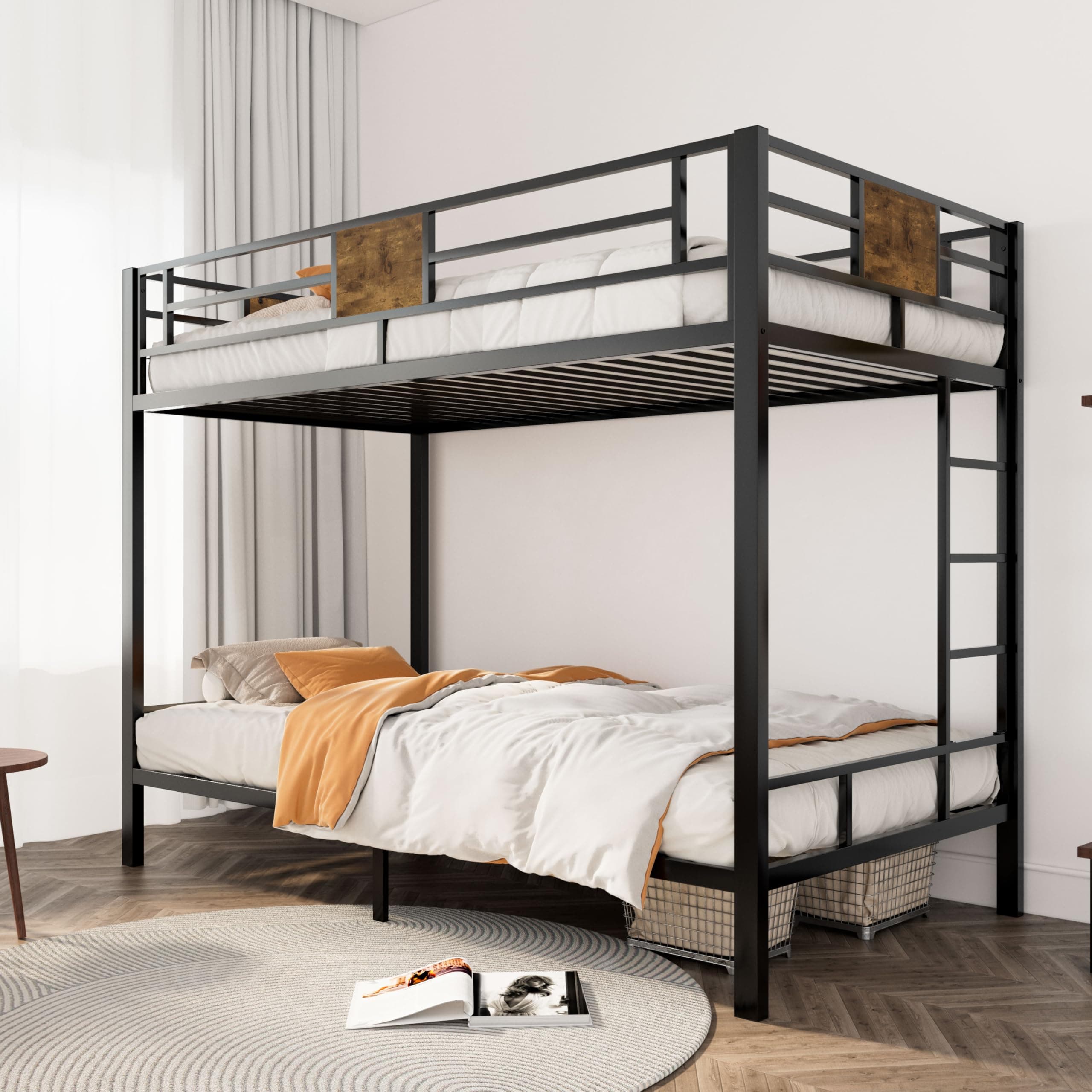 SHA CERLIN Loft Bunk Bed Twin Over Twin Size with Ladder and Guardrail,Rustic Design,Metal Slats Support No Box Spring Needed Small Space Saving Furniture for Bedroom Dorm