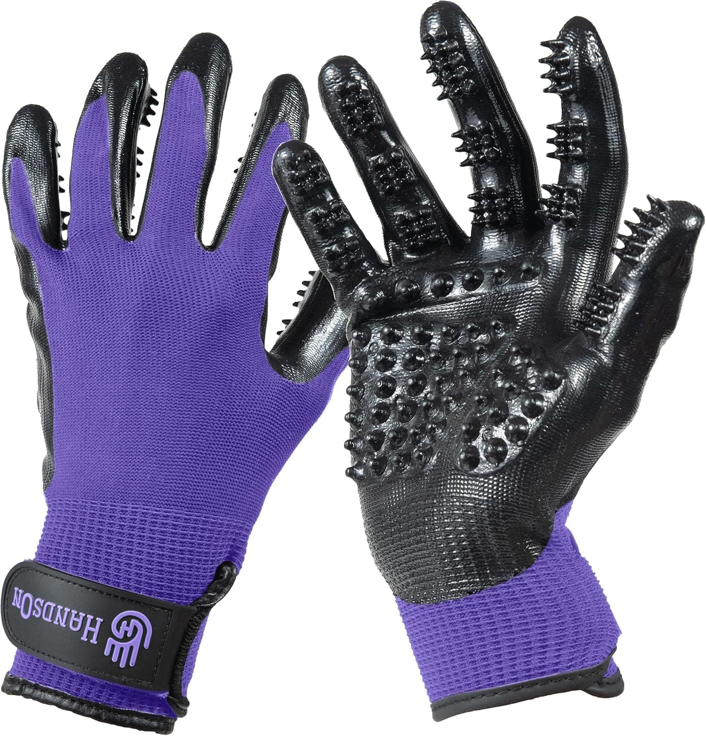 Handson Pet Grooming Gloves - #1 Ranked, Award Winning Shedding, Bathing, Hair Remover Gloves for Cats, Dogs, and Horses (Mono-Purple, Medium)