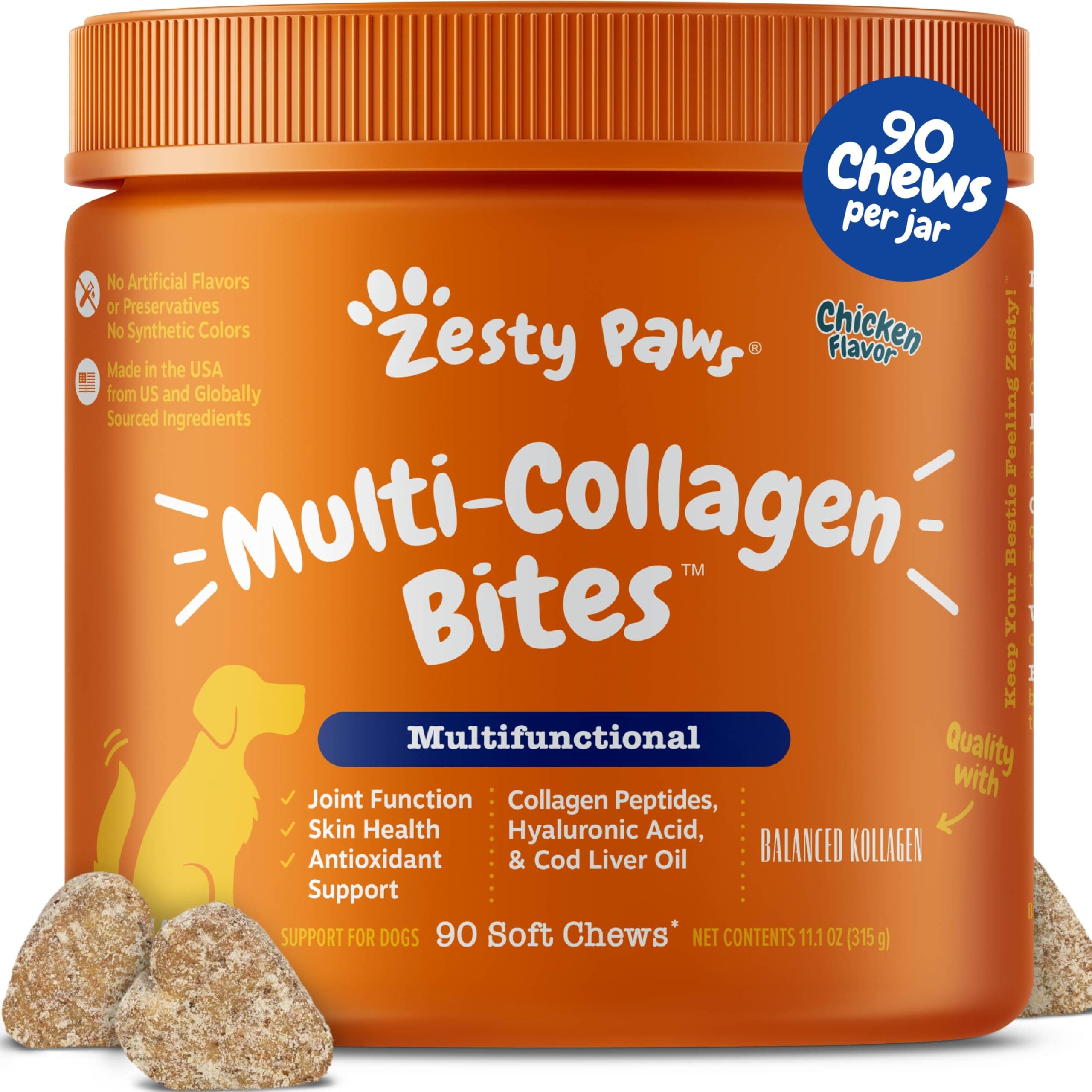 Multi Collagen Soft Chews for Dogs - for Hip, Joint & Cartilage Support + Skin Health - with Collagen - Plus Eggshell Membrane, Vitamin C & Hyaluronic Acid - 90 Count