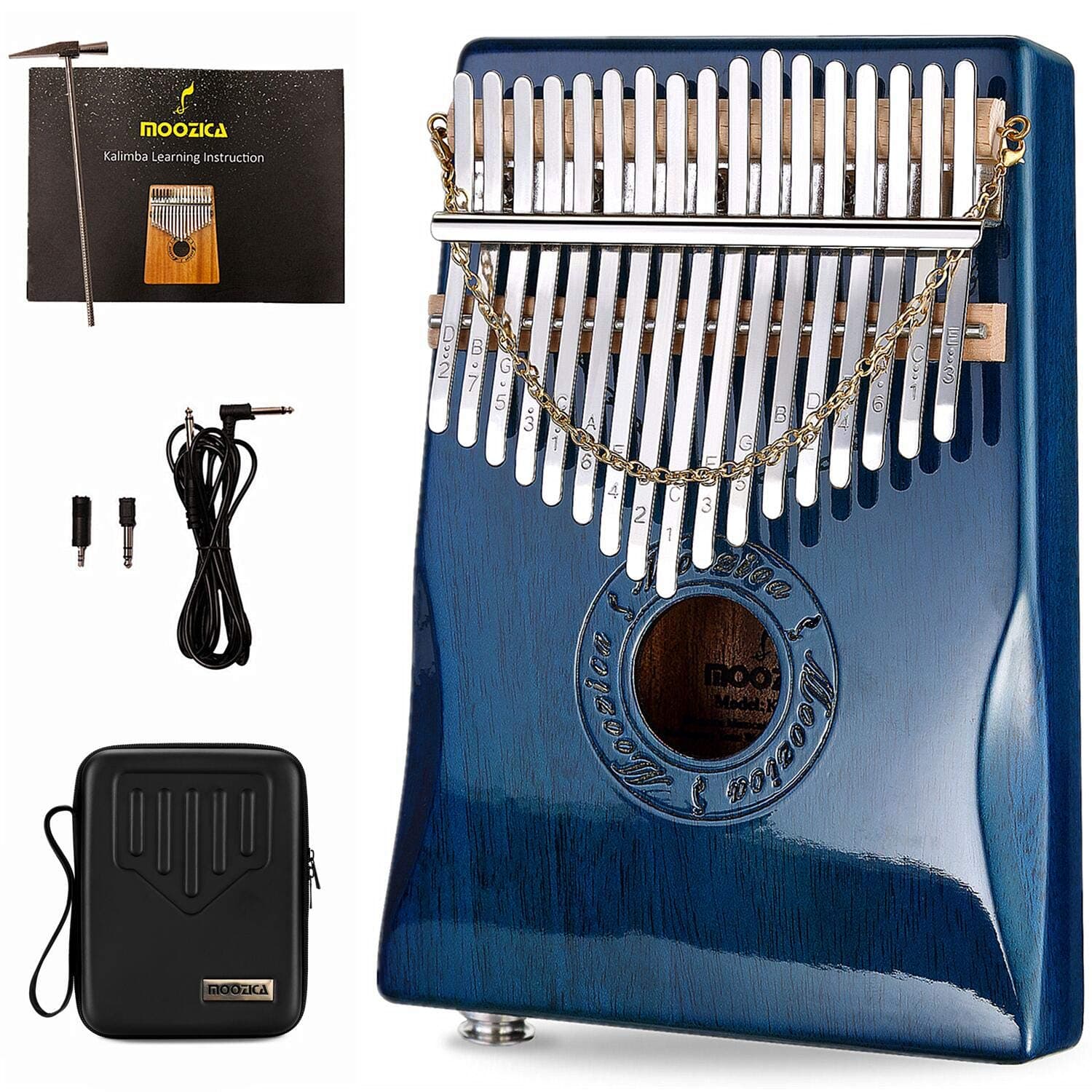 Moozica 17 Keys Kalimba Thumb Piano, Solid Mahogany Wood Professional Marimba Mbira with Piano Lacquer Finishing Musical Instrument Gift (Blue-K17BP(EQ))
