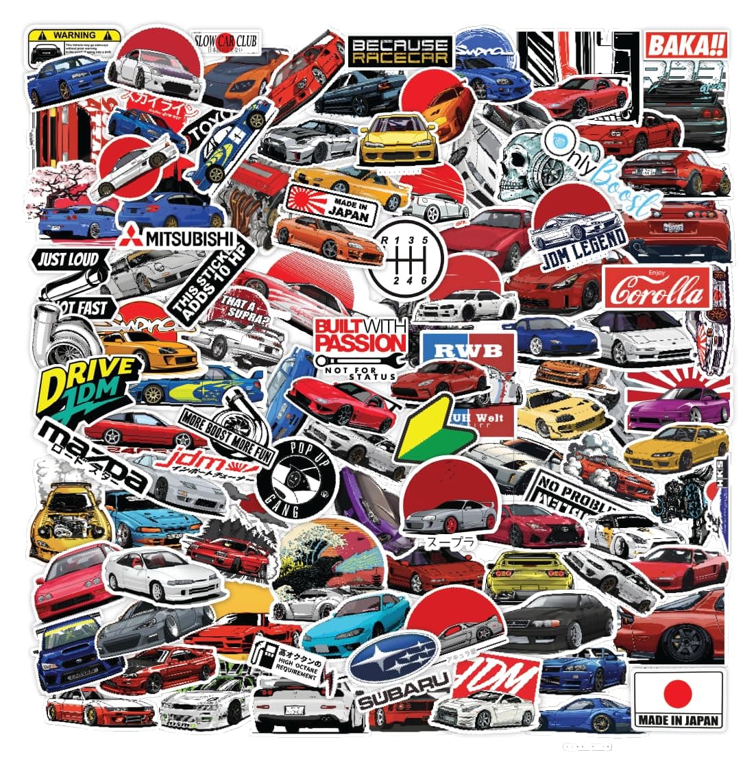 55-Piece JDM Car Sticker Pack | Waterproof, Residue-Free Japanese Racing Car Stickers for Laptop, Journal, Bike Helmet, Guitar, Mobile Case