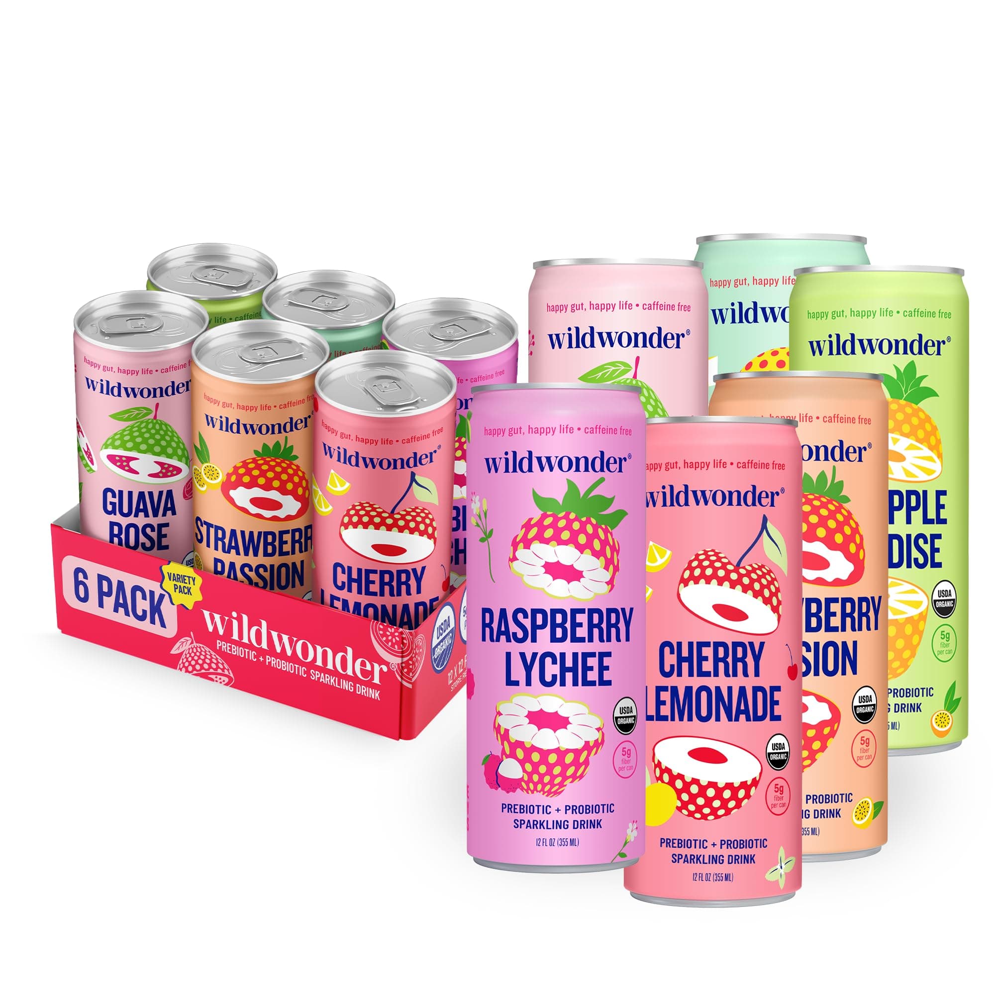 wildwonder Sparkling Probiotic Drink 6pk, For Gut Health & Immune Support, Classic Variety Pack, 5g Prebiotic Fiber, Live Probiotics, Organic, Vegan, Low Sugar, 6 Pack, 12oz Can, Seen on Shark Tank