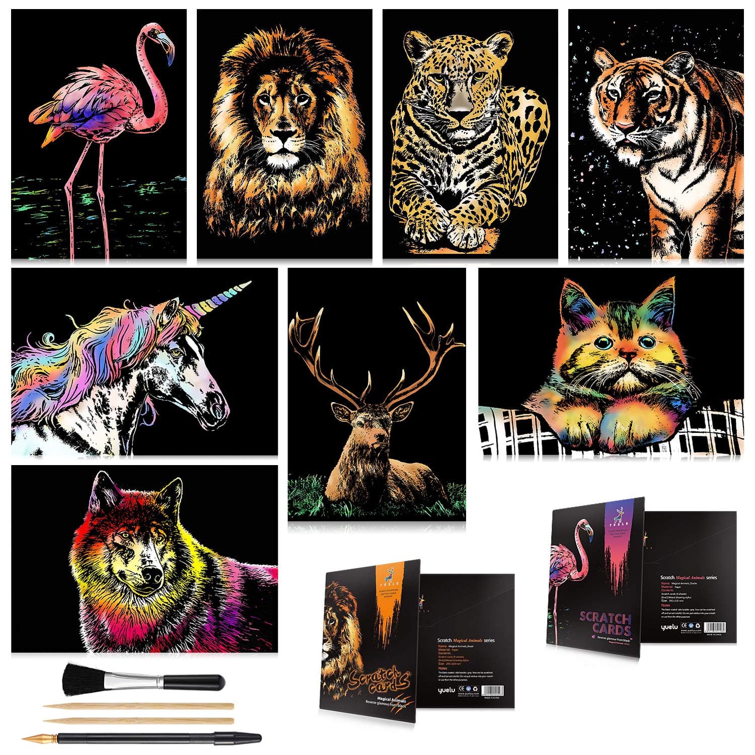 Scratch Art for Kids & Adults, Rainbow Engraving Painting Landscape Scratchboard(A4) Crafts Set: 8 Sheets Scratch Cards with 4 tools - Unicorn/Flamingo/Cat/Deer/Lion/Tiger/Leopard/Wolf(Animal Series)