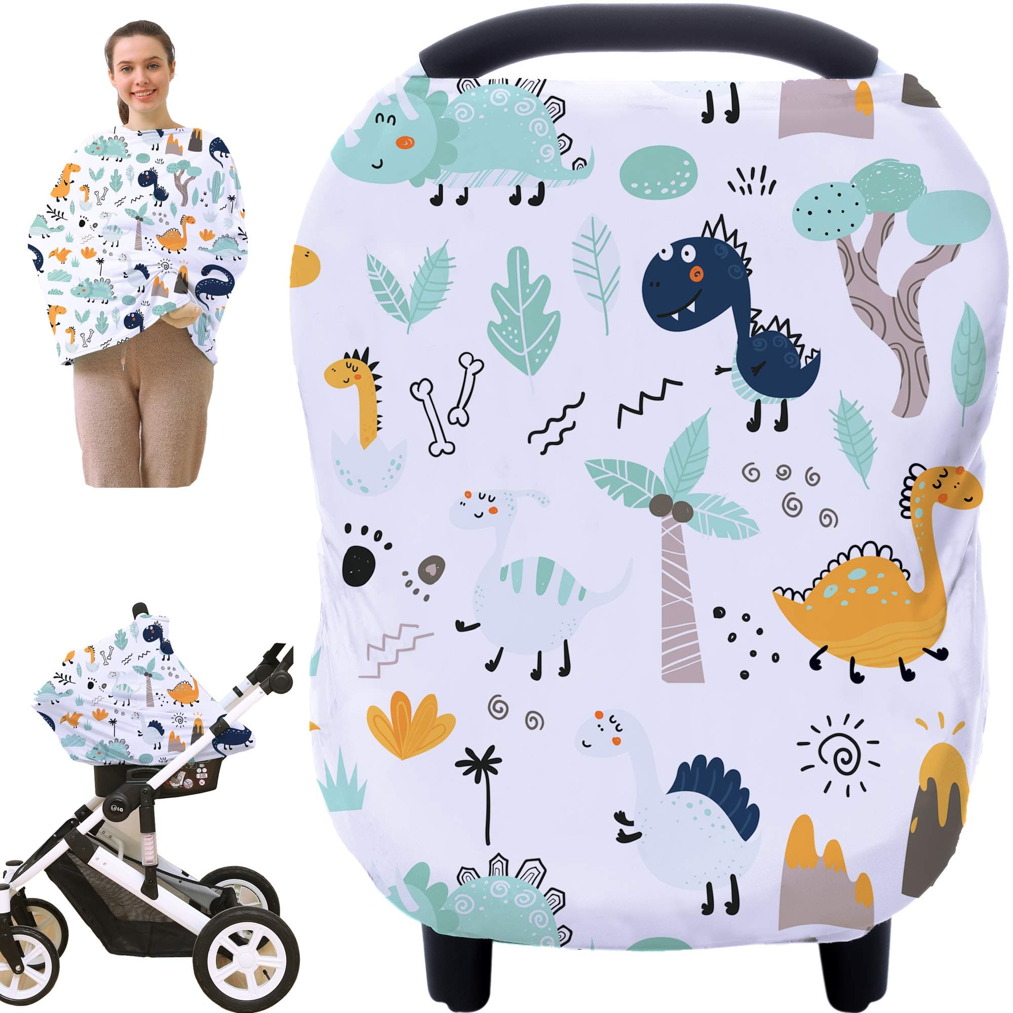 Multi-use Carseat Canopy Cover - Breathable Nursing Cover Breastfeeding Covers, Nursing Scarf, Car Seat Covers for Babies, Stroller Canopy Cover (Cute Dinosaur)
