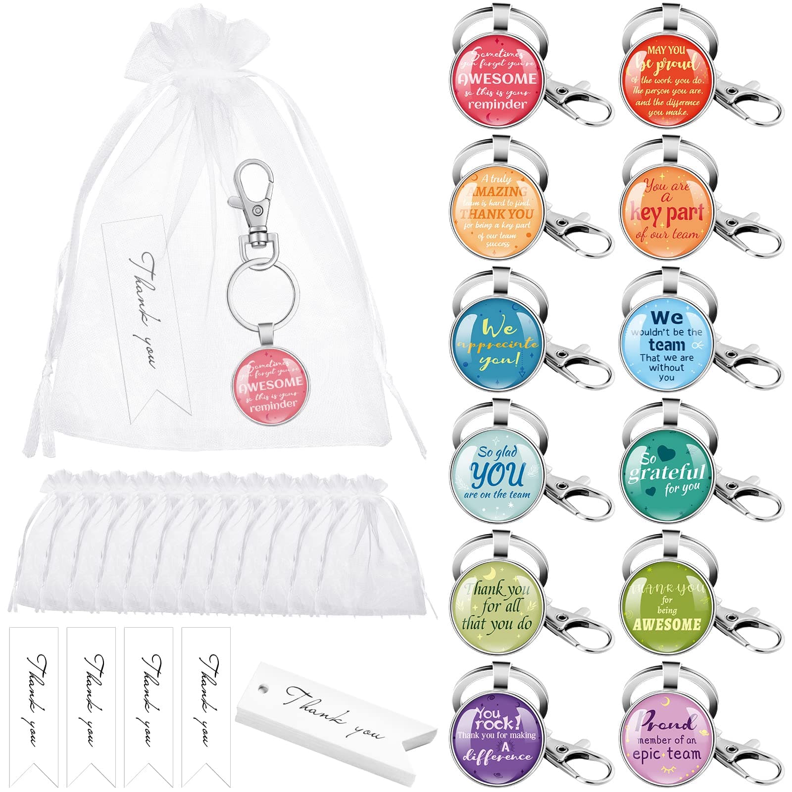 12 Sets Employee Appreciation Gifts Include 12 Inspirational Keychain 12 Organza Bags 12 Thank You Cards Leaving Thank You Gifts for Coworker Appreciation Day Office Gift for Christmas Men Women, Main