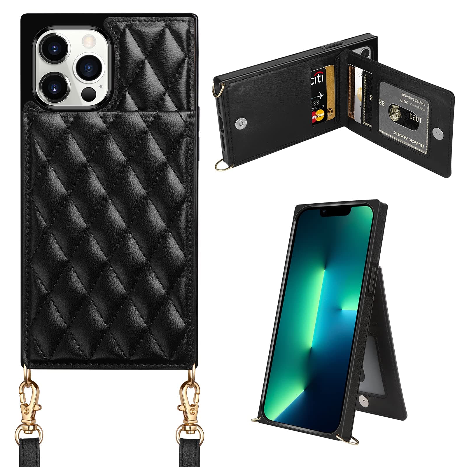 Coolden Designed for iPhone 13 Pro Max Case Wallet Women Quilted Leather Phone Cover Card Holder Slots Kickstand Slim Cases for iPhone 13 Pro Max 6.7 inch with Crossbody Strap Black