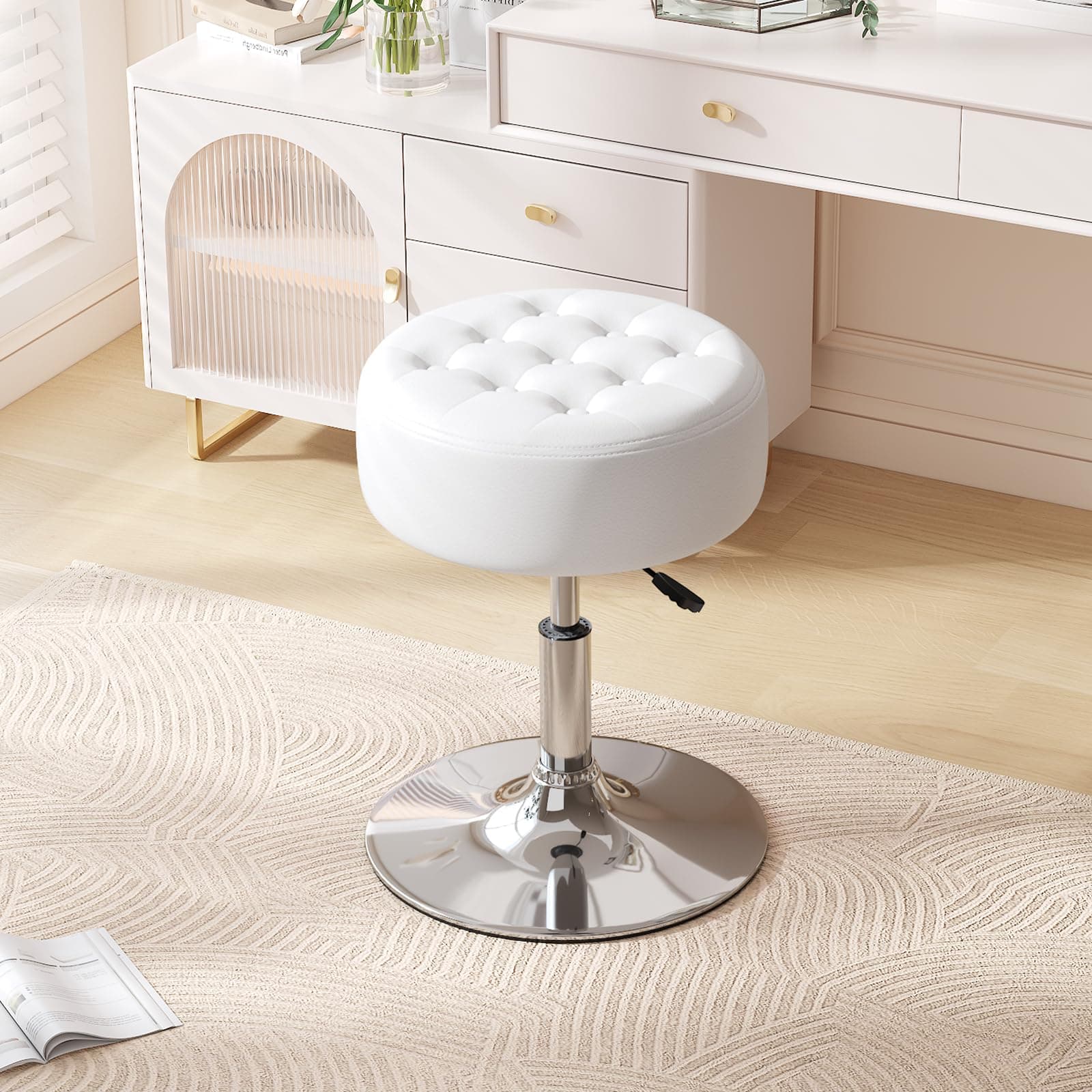 Furniliving Mid-Century Tufted Adjustable Swivel Makeup Ottoman Stool; Modern Big Size Round Vanity Stool Chair for Bedroom Living Room (White)