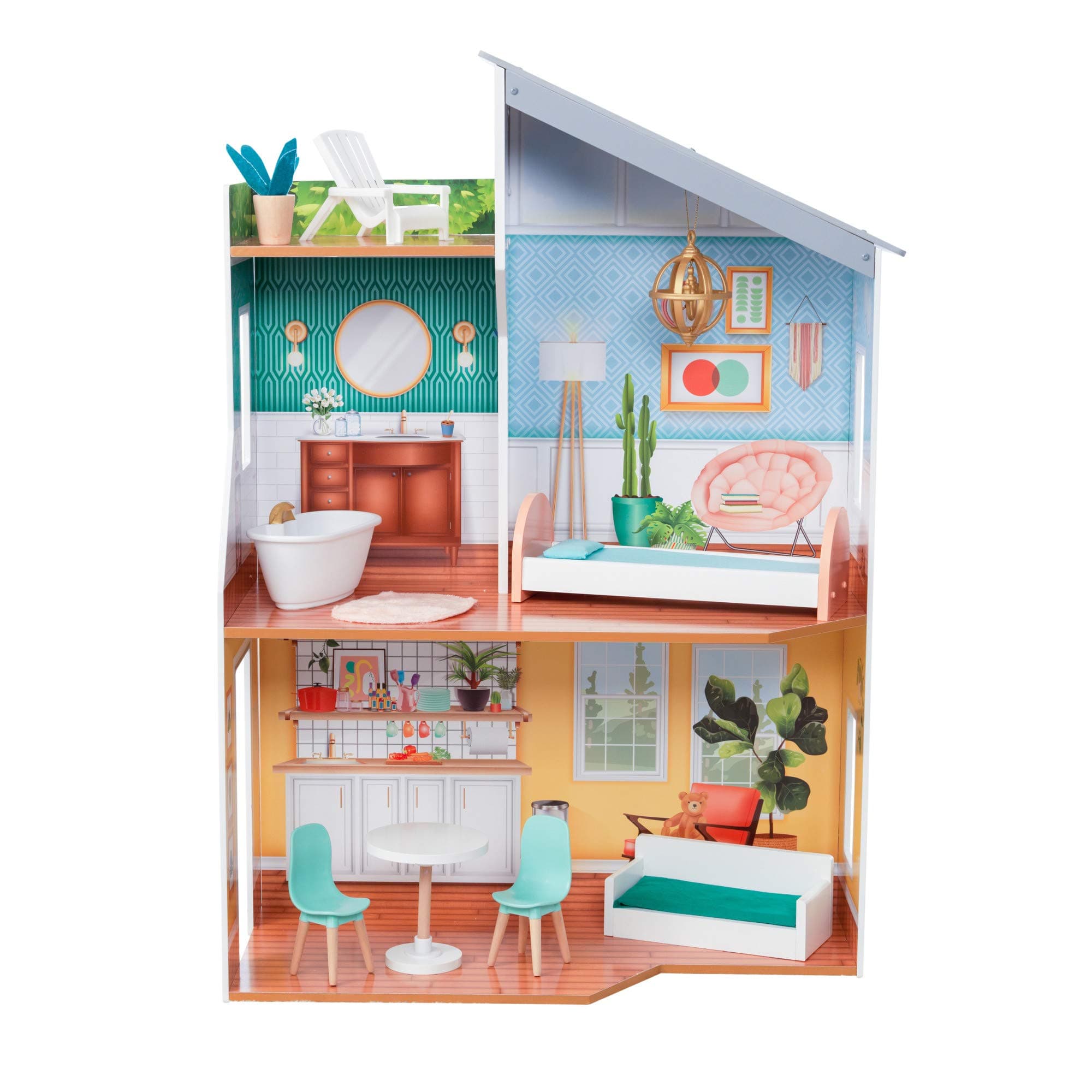 KidKraftEmily Wooden Dolls House with Furniture and Accessories Included, 3 Storey Play Set with Roof Terrace for 30 cm/12 Inch Dolls, Kids' Toys, 65988