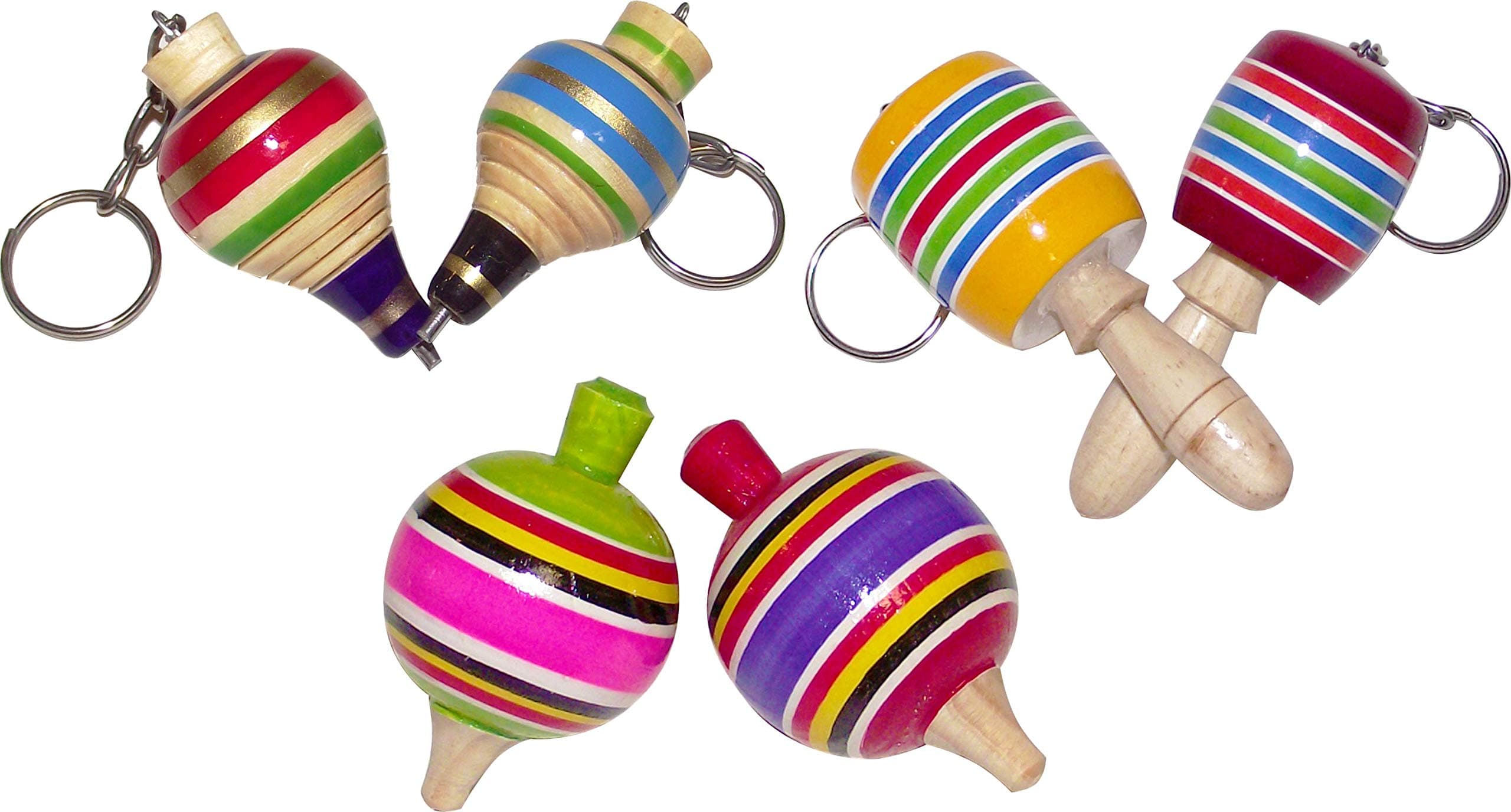 MoreFiesta Fine Mini Wooden Balero, Spin top and Trompo Keychain - Six Traditional Mexican Miniature Toys Box