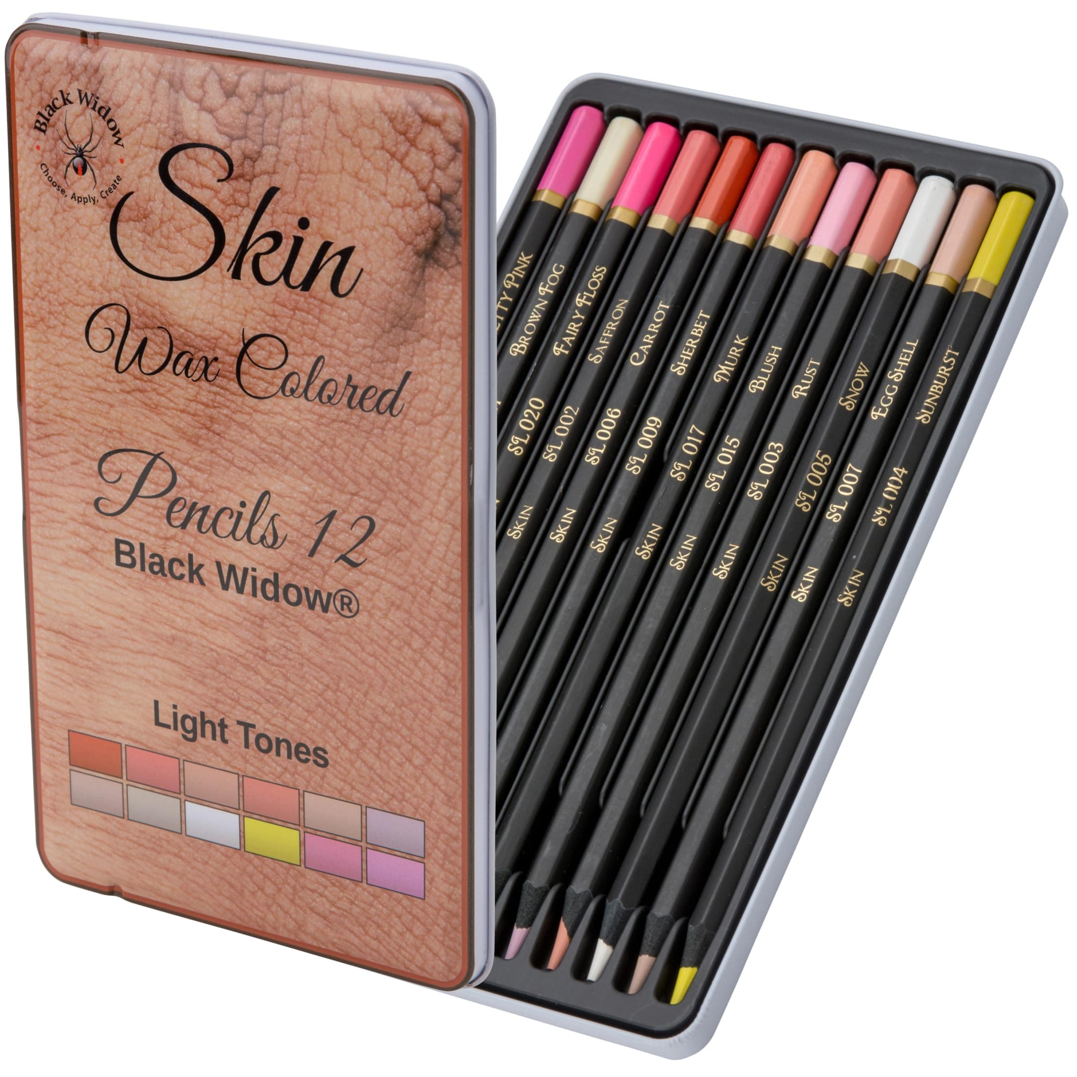 Black Widow Skin Tone Colored Pencils for Adult Coloring Books – 12 Soft Core Color Pencils for Portraits and Skintone Artists – Complete Range with Lightfast Ratings