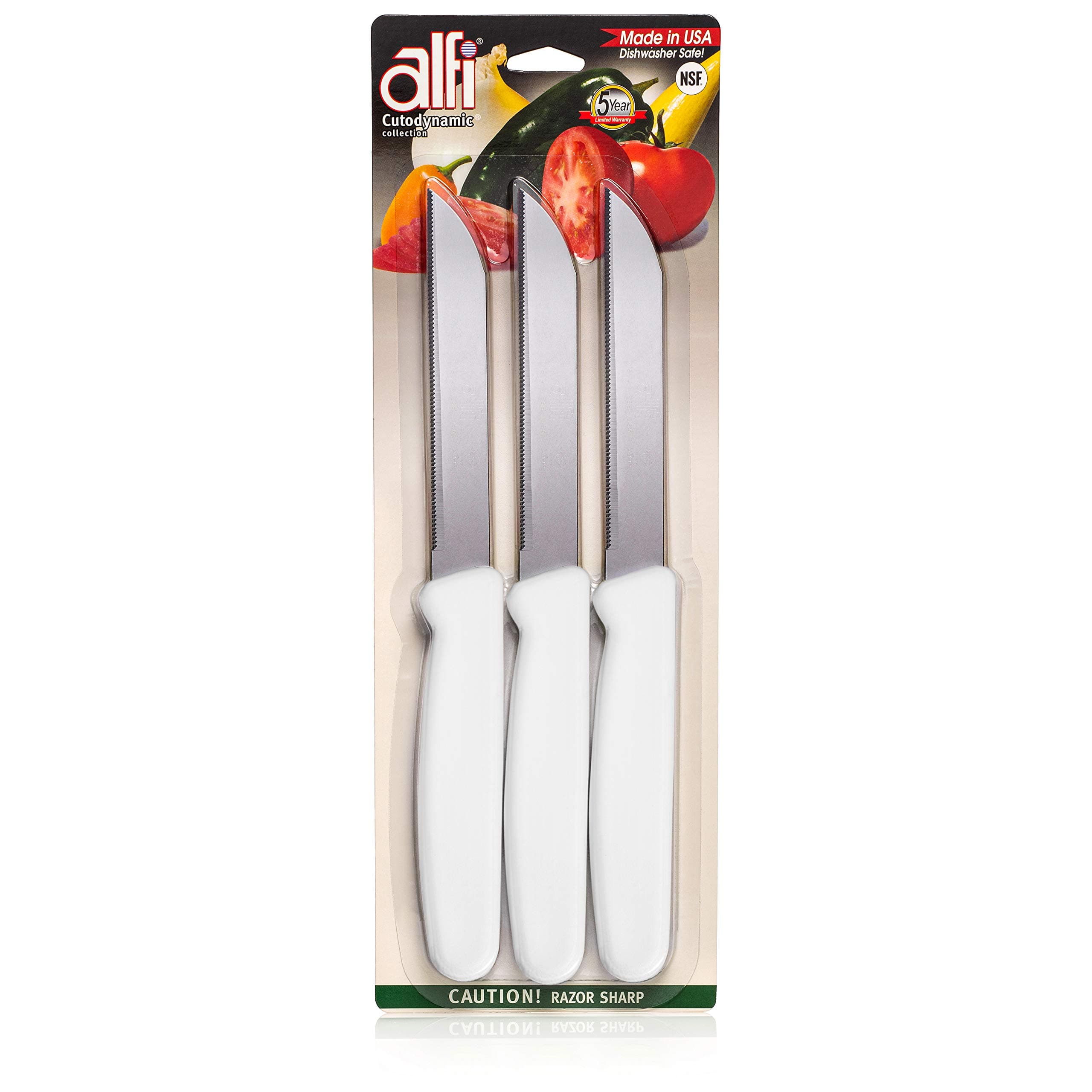 Alfi All-Purpose Knives Aerospace Precision Pointed Tip - Home And Kitchen Supplies - Serrated Steak Knives Set | Made in USA (Classic White)