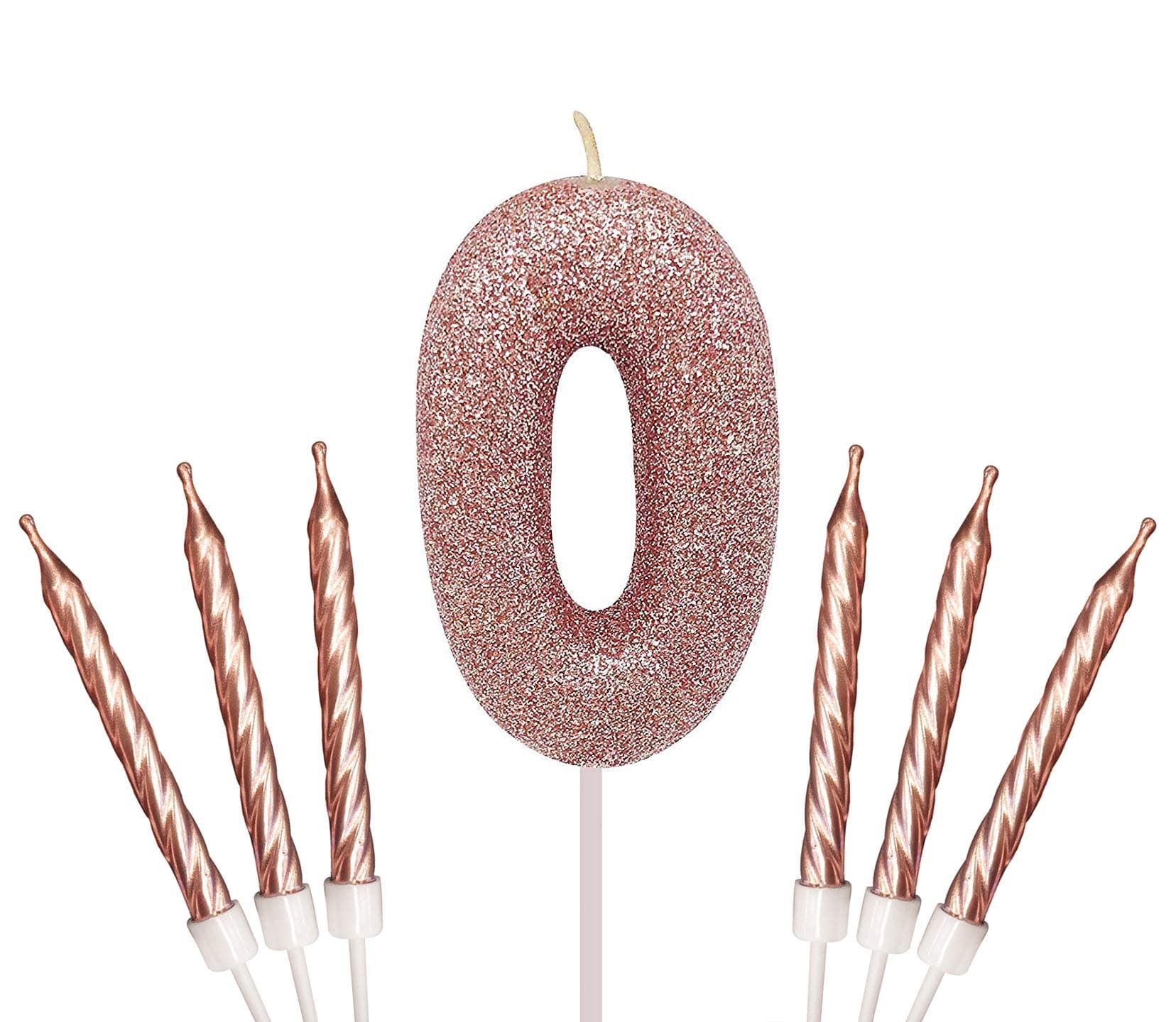 Gadget Giant Rose Gold Number 0 Birthday Cake Sparkling Glitter Candle & 6x Metallic Cake Candles Toppers