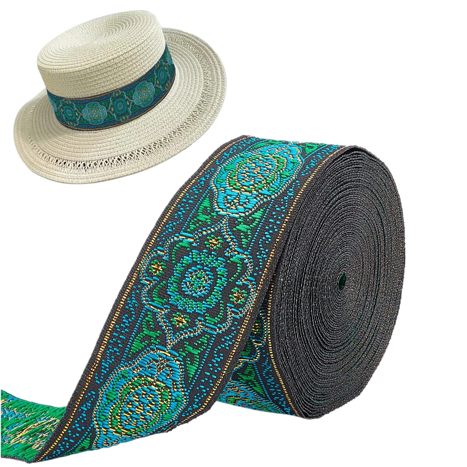 FINGERINSPIRE 7 m 33 mm Vintage Jacquard Woven Ribbon Embroidered Fabric Trim Fringe for DIY Clothing Accessories Embellishment Decorations Green