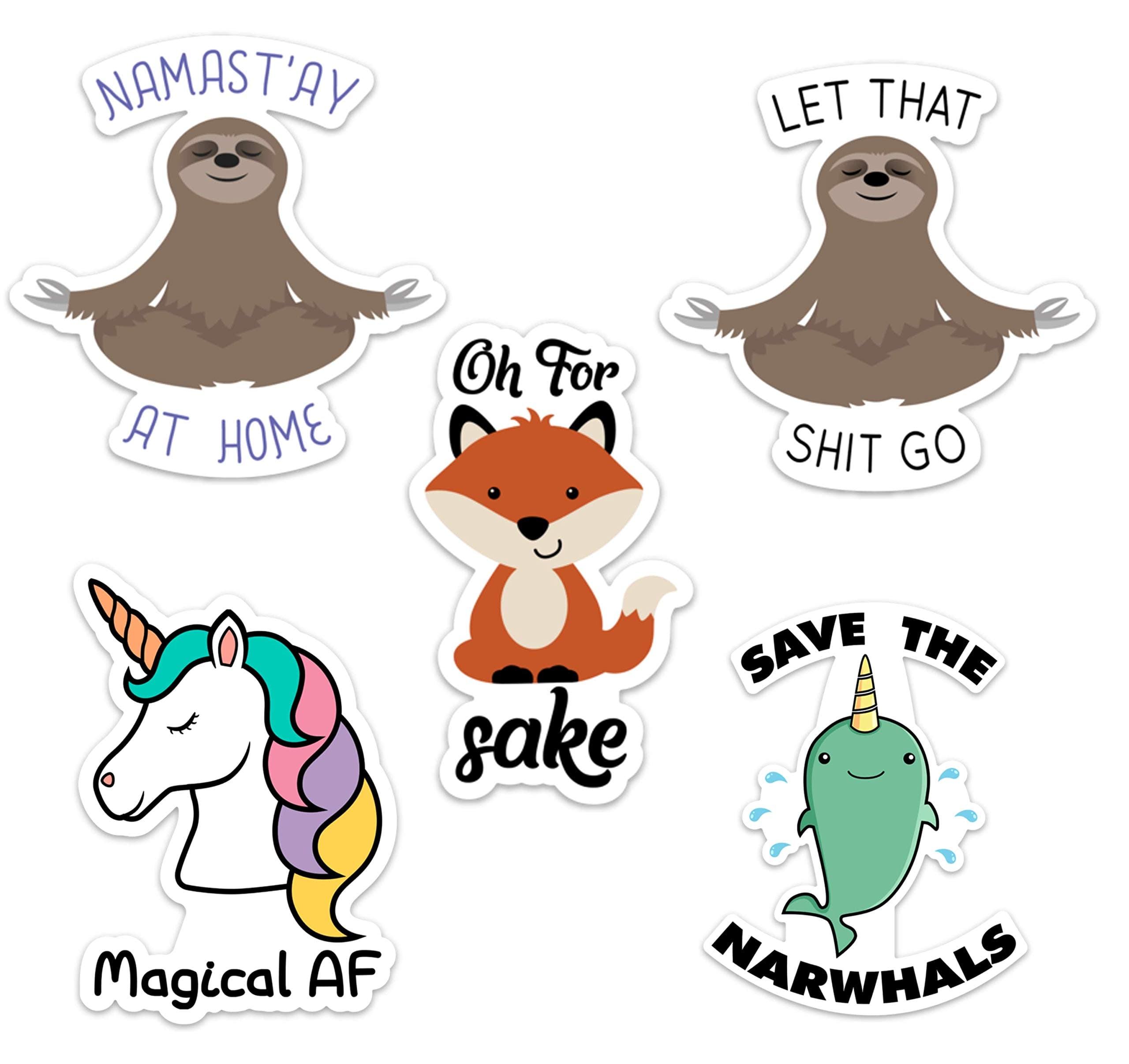 Stickeroonie Best Sellers Sticker Decals 5 Pack- Let That Shit Go Sloth- Magical AF- Fox Sake- for laptops, Water Bottles 4" x 4"