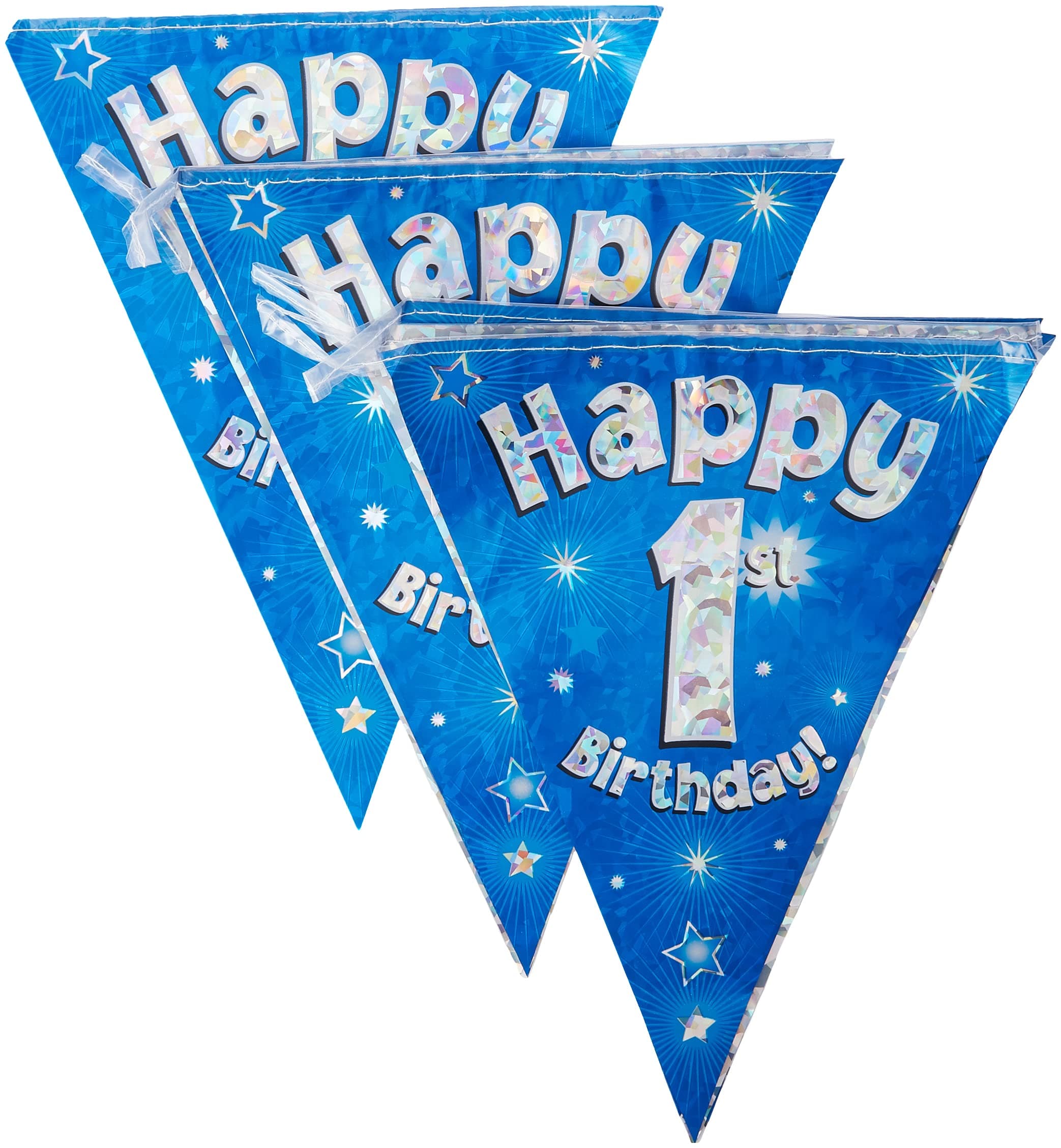 Party Bunting Happy 1st Birthday Blue Holographic 11 flags 3.9m