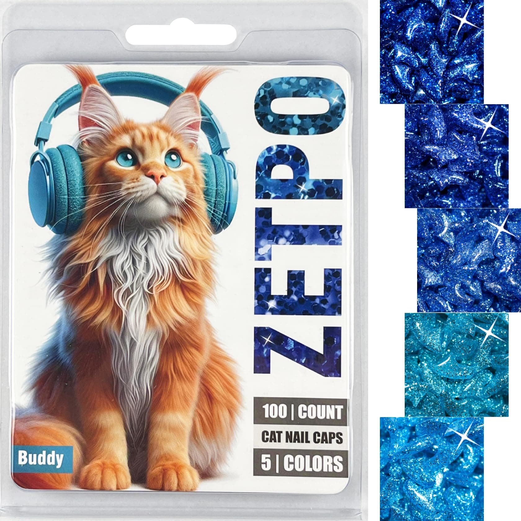 zetpo 100 pcs Cat Claw Covers | Cat Nail Caps | Blue Glitter Shades