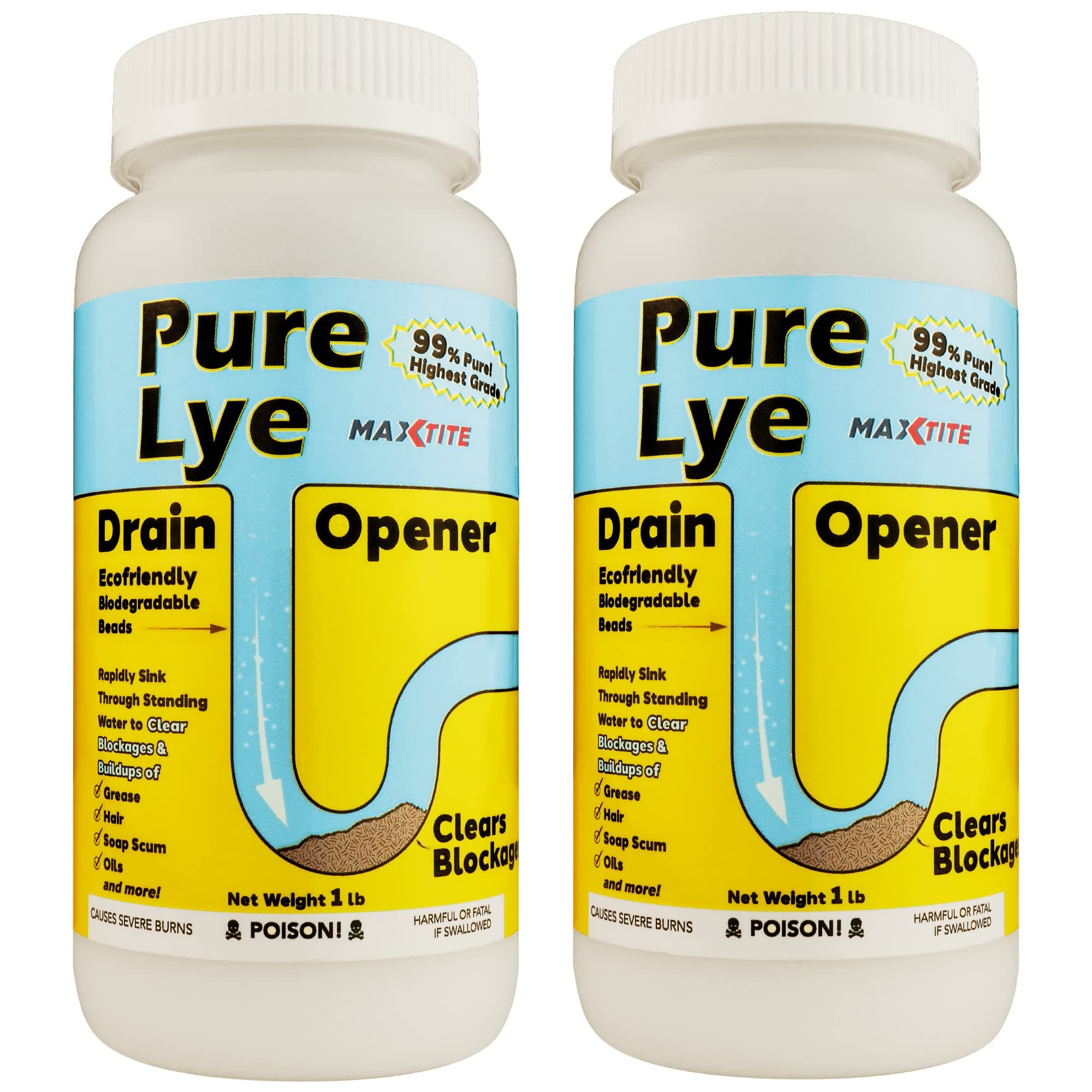 MaxTite Pure Lye (2 lbs total - 2 pack/1 lb bottles) - Sodium Hydroxide/NaOH Beads - PET container w/Resealable Child Resistant Cap