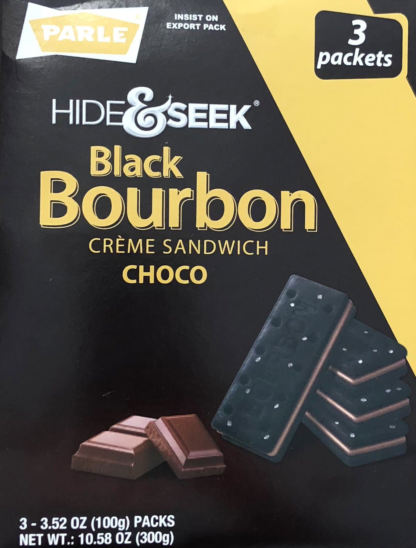 Parle Hide & Seek Black Bourbon Choco Creme Sandwich Value Pack 3-packets of 100 grams each (300 grams / 10.58 oz)