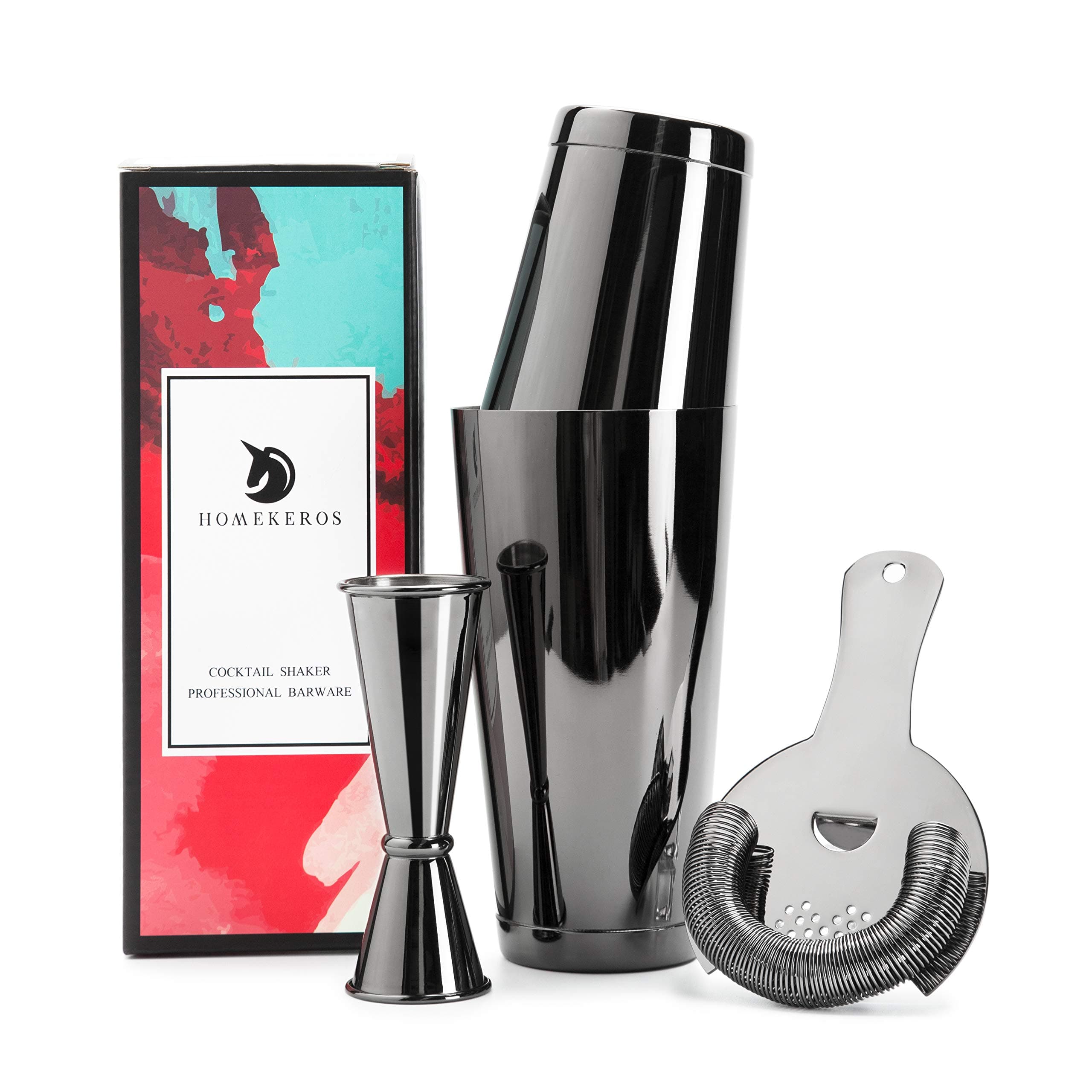 Black Boston Cocktail Shaker Bar Set: Professional Bartender Kit: 2 Weighted Martini Shaker Tins, Hawthorne Strainer and Japanese Jigger
