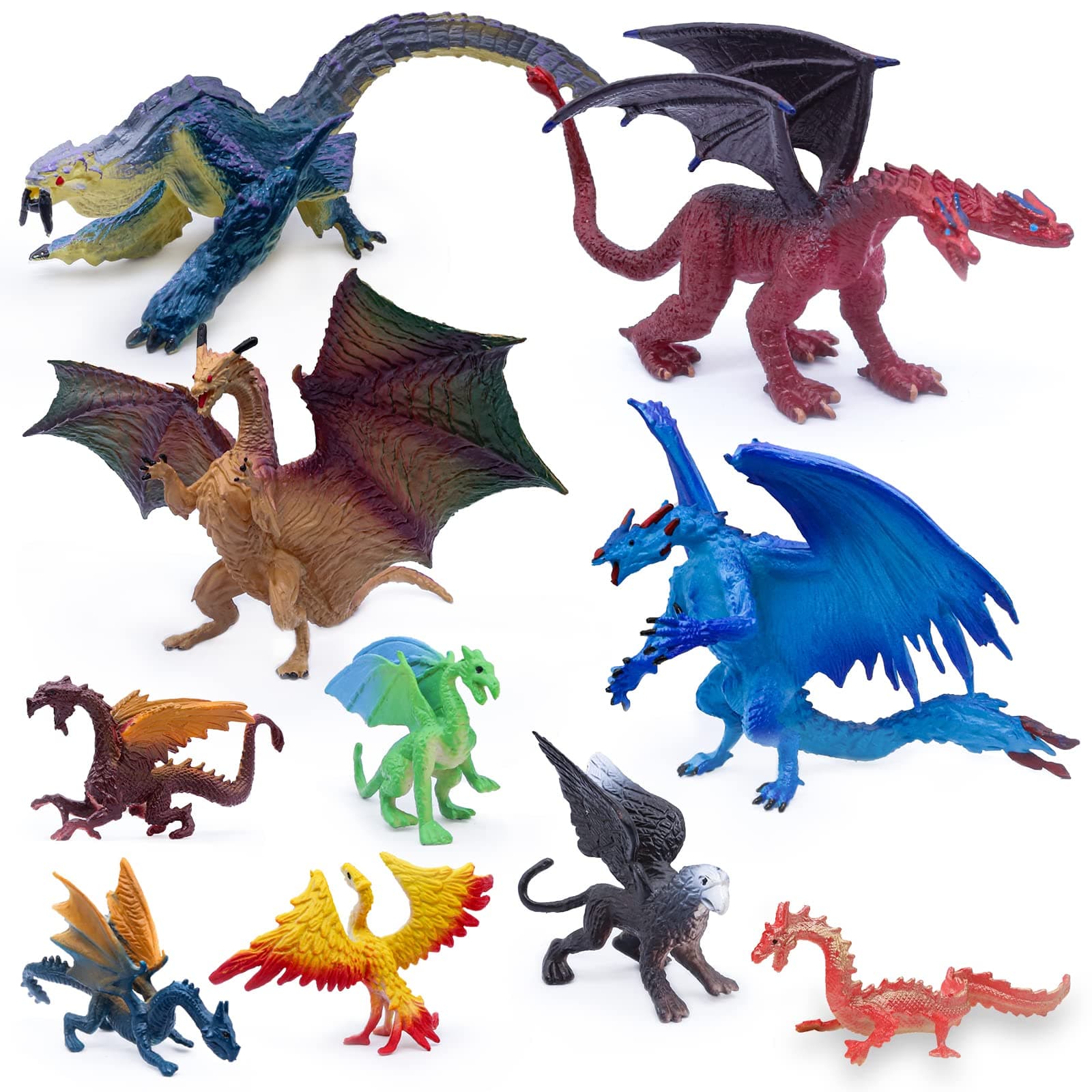 SIENON 10Pack 5 Inch and 3 Inch Dragon Toy Figures, Assorted Colors and Styles Mini Mythical Figurines for Kids Birthday Cake Decorations Christmas Halloween Dragon Theme Party Favors