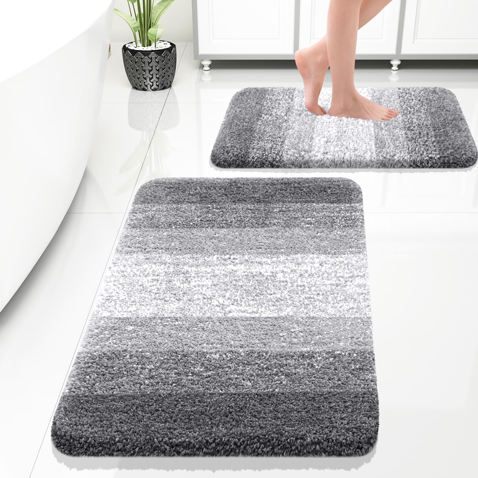 Bathroom Rug Set 2 Piece, Soft Absorbent Microfiber Bath Rug Set, Non-Slip, Machine Wash Dry, Plush Shaggy Bath Mats for Bathroom (30"x20"+24"x16", Grey)