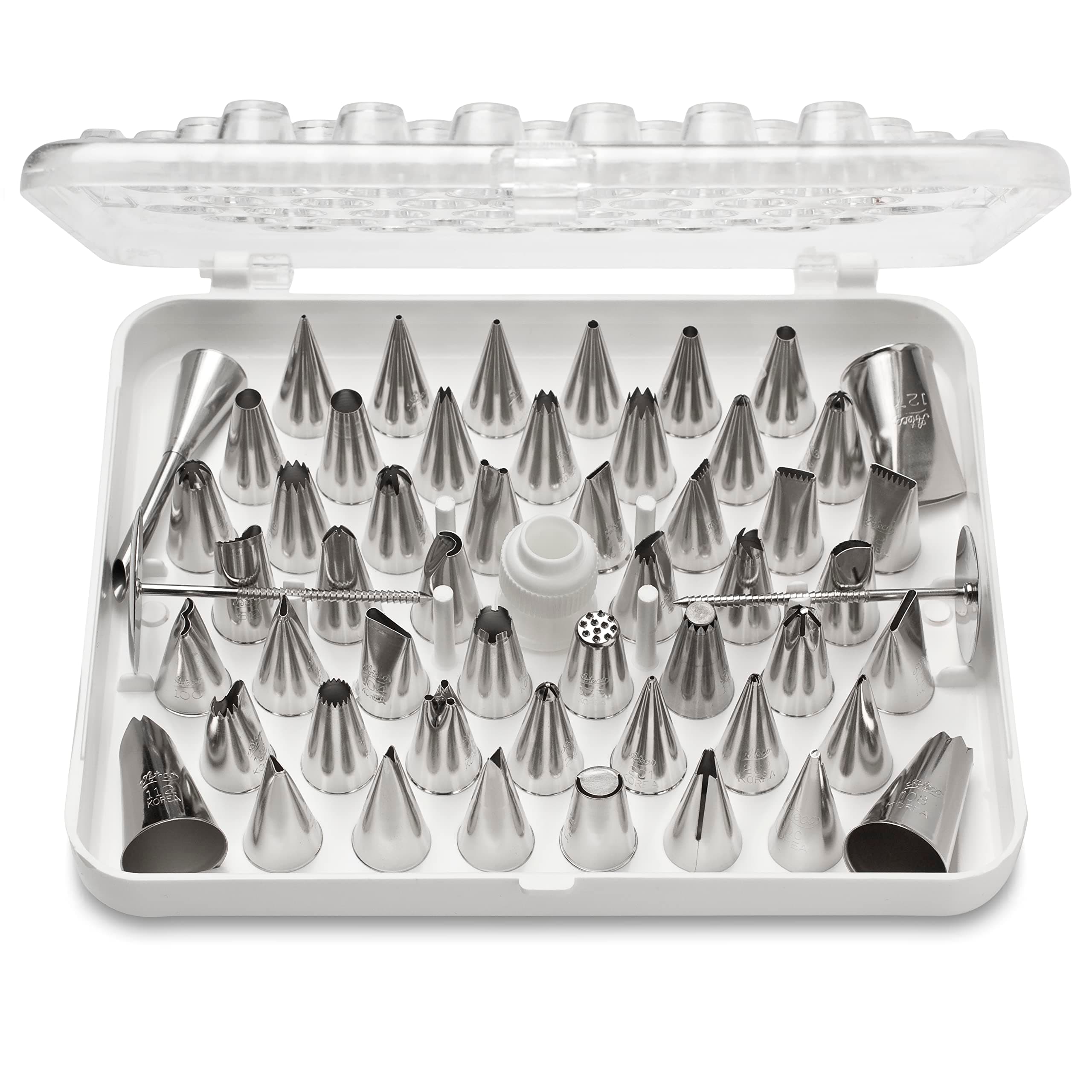 783-55 Piece Cake Decorating Set, Includes 52 Stainless Steel Tubes, 1 Standard Coupler, 2 Flower Nails in Hinged Storage Box