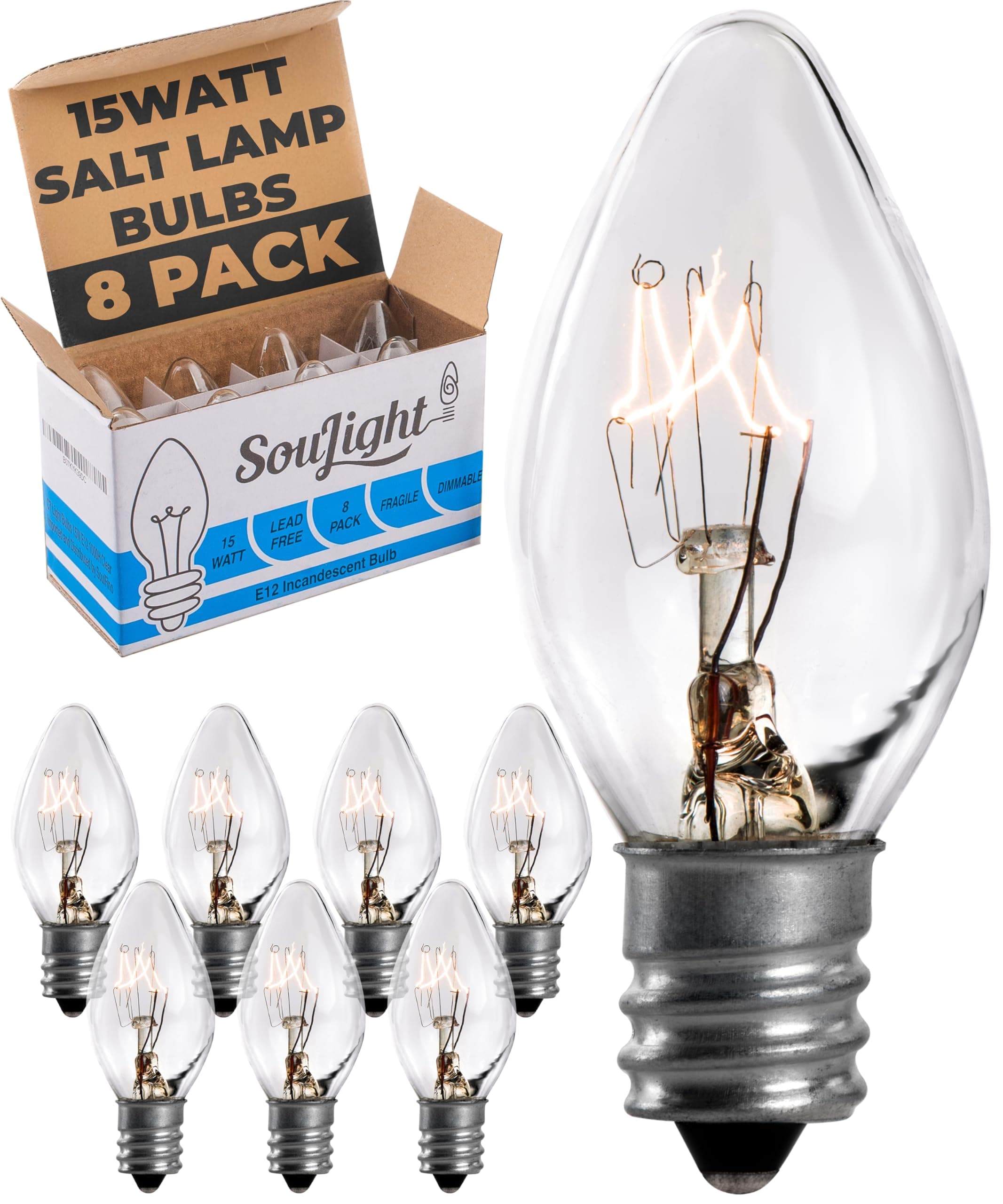 SouLight Salt Lamp Light Bulb - 15 Watt Replacement Bulbs for Himalayan Salt Lamps & Baskets, Chandeliers, Candle & Wax Warmers, Night Light Bulbs. E12 Socket, C7, Warm White – 8 Pack