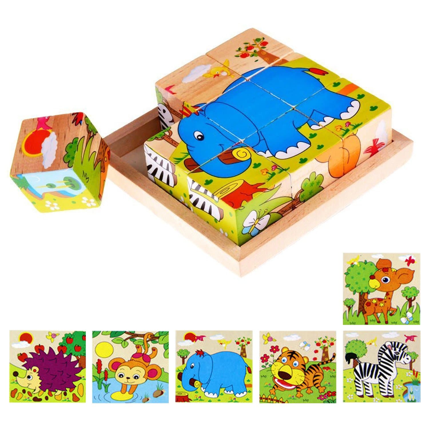 Lewo Wooden Animal Block Puzzle Cube Pattern Blocks Animals Jigsaw Puzzles Boys Girls Toddlers 2 3 4 (Cube Puzzle)