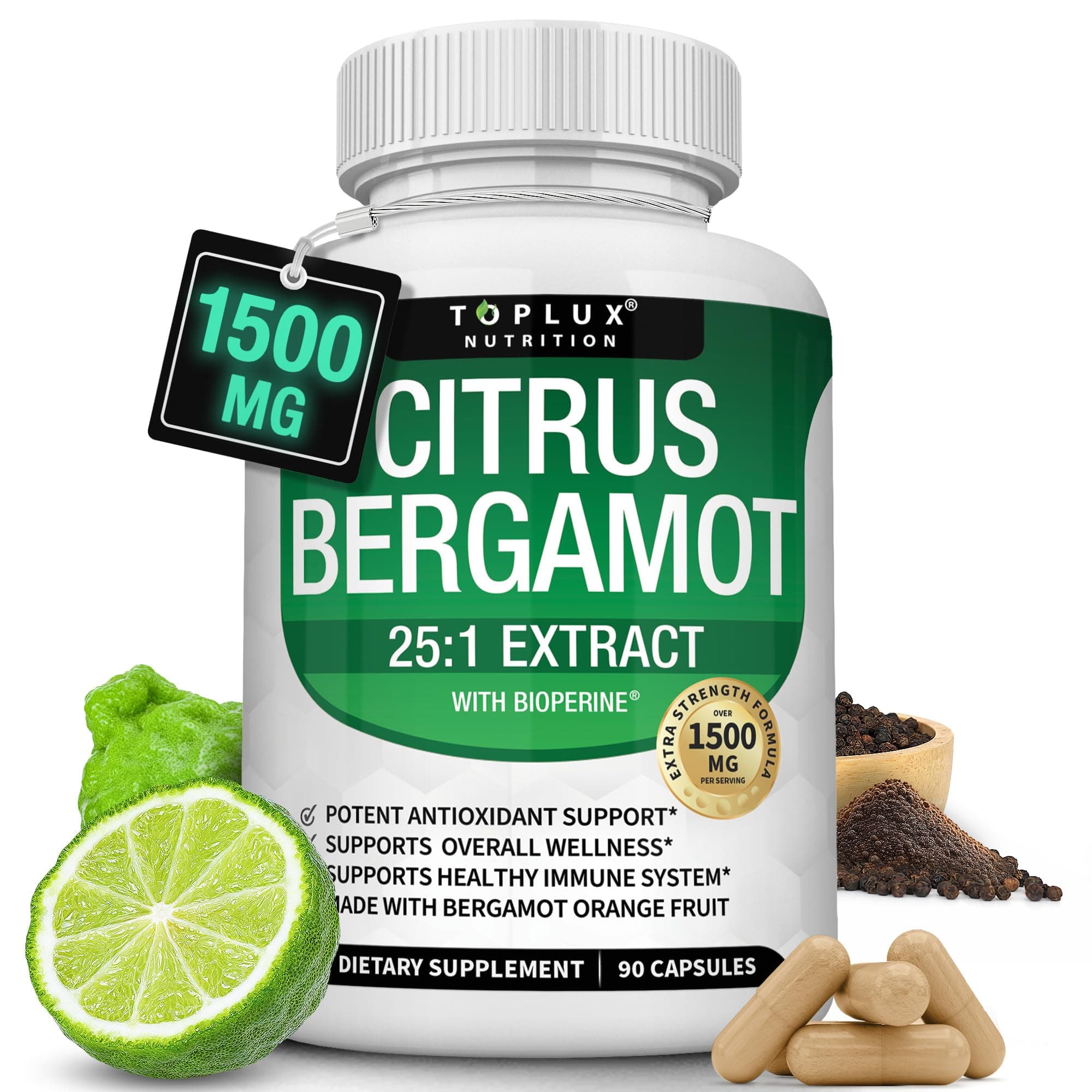 Citrus Bergamot Supplement 1500mg - 25:1 Bergamot Extract to Support Overall Health, Immune System, Potent Antioxidant High Absorption Natural Vegan Non-GMO for Men Women, 90 Capsules