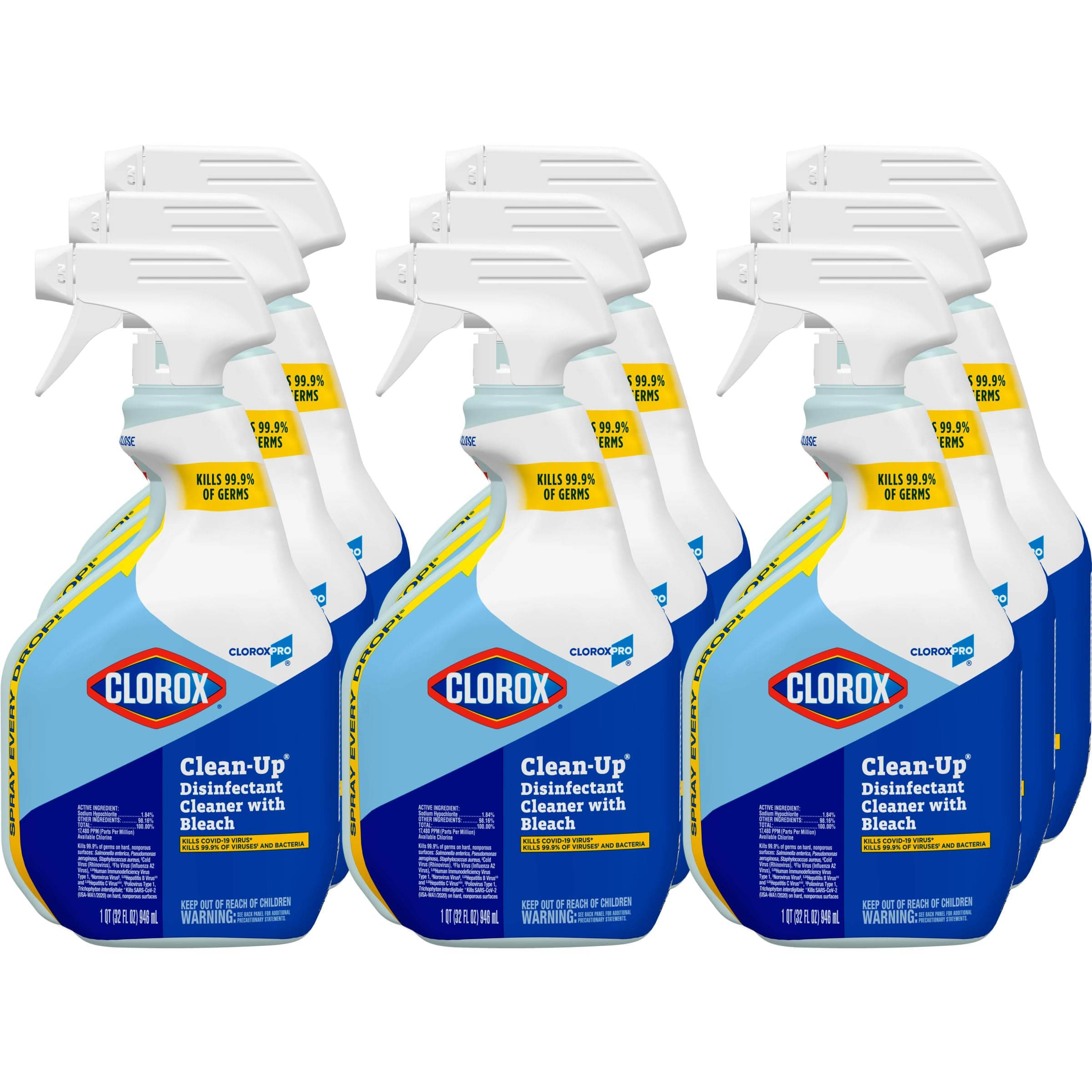 CloroxPro Clorox Clean-Up Disinfectant Cleaner with Bleach Spray, 32 Ounces Each (Pack of 9) (35417)