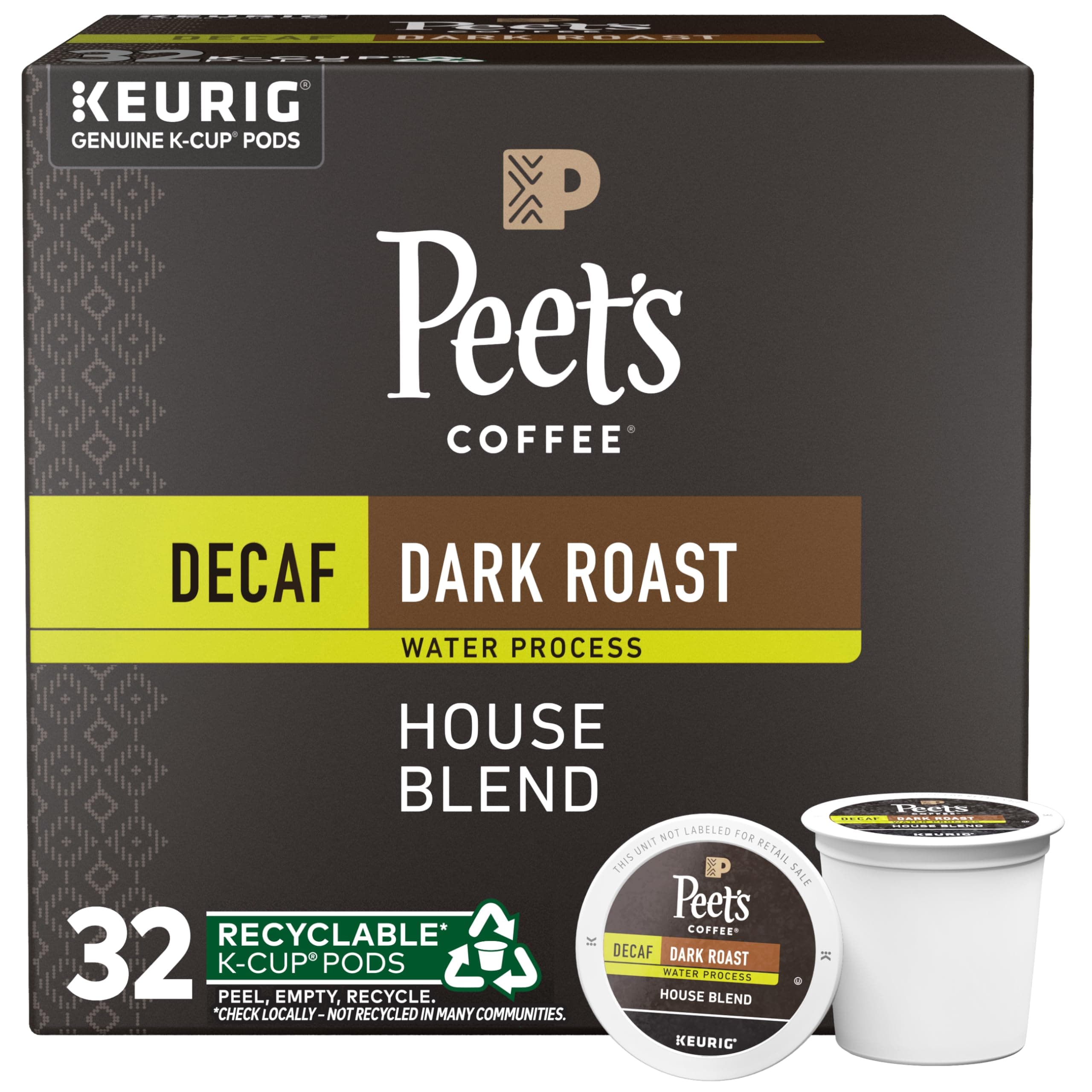 Dark Roast Decaf Single Serve Coffee Pods, 100% Arabica Coffee - Decaf House Blend 32 Count (1 Box of 32 Pods)