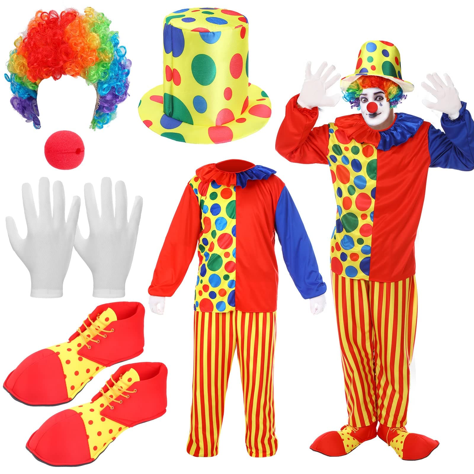 Funtery 6 Pcs Adult Clown Costume Red Clown Nose Shoes Hat Rainbow Clown Wig and Gloves for Men Women Cosplay