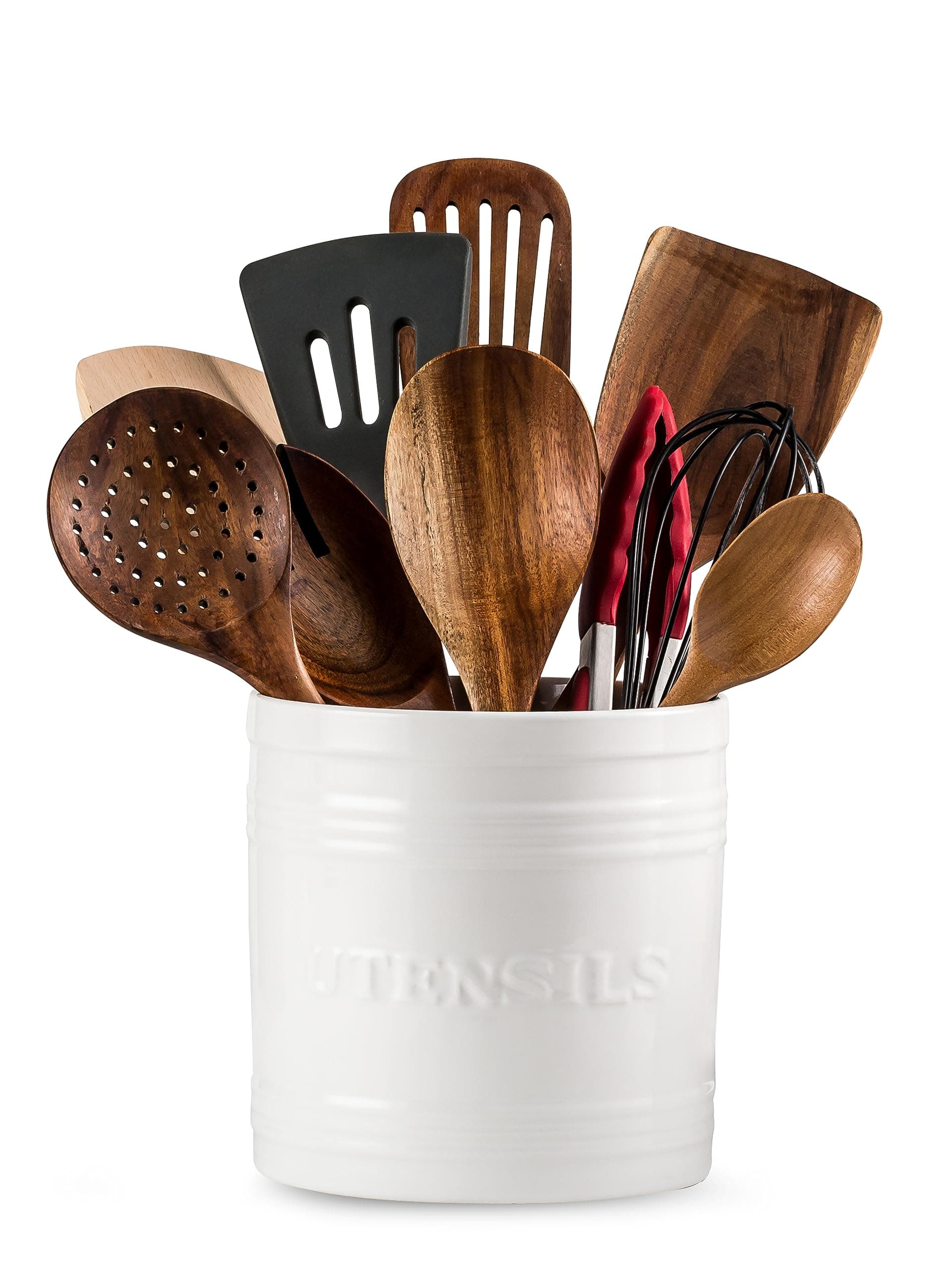 LAUCHUH Utensil Holder for Countertop Porcelain Utensil Caddy Farmhouse decor Kitchen Utensil Crock Large Size for Kitchen Storage, Halloween, Thanksgiving, Christmas, White