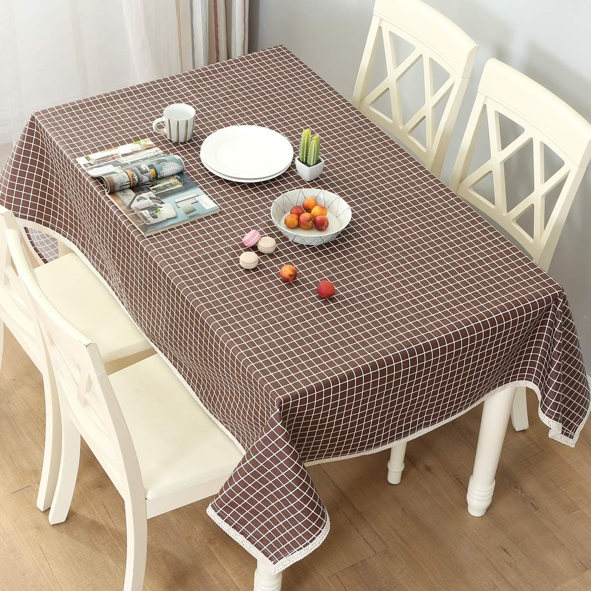DARUITE Rectangle Vinyl Tablecloth Wipe Clean Table Cloths Heavy Weight Wipeable PVC and Cotton Linen Waterproof Oil Proof Stain Resistant Table Cover(57x78.7 Inch, Coffee Checkered)