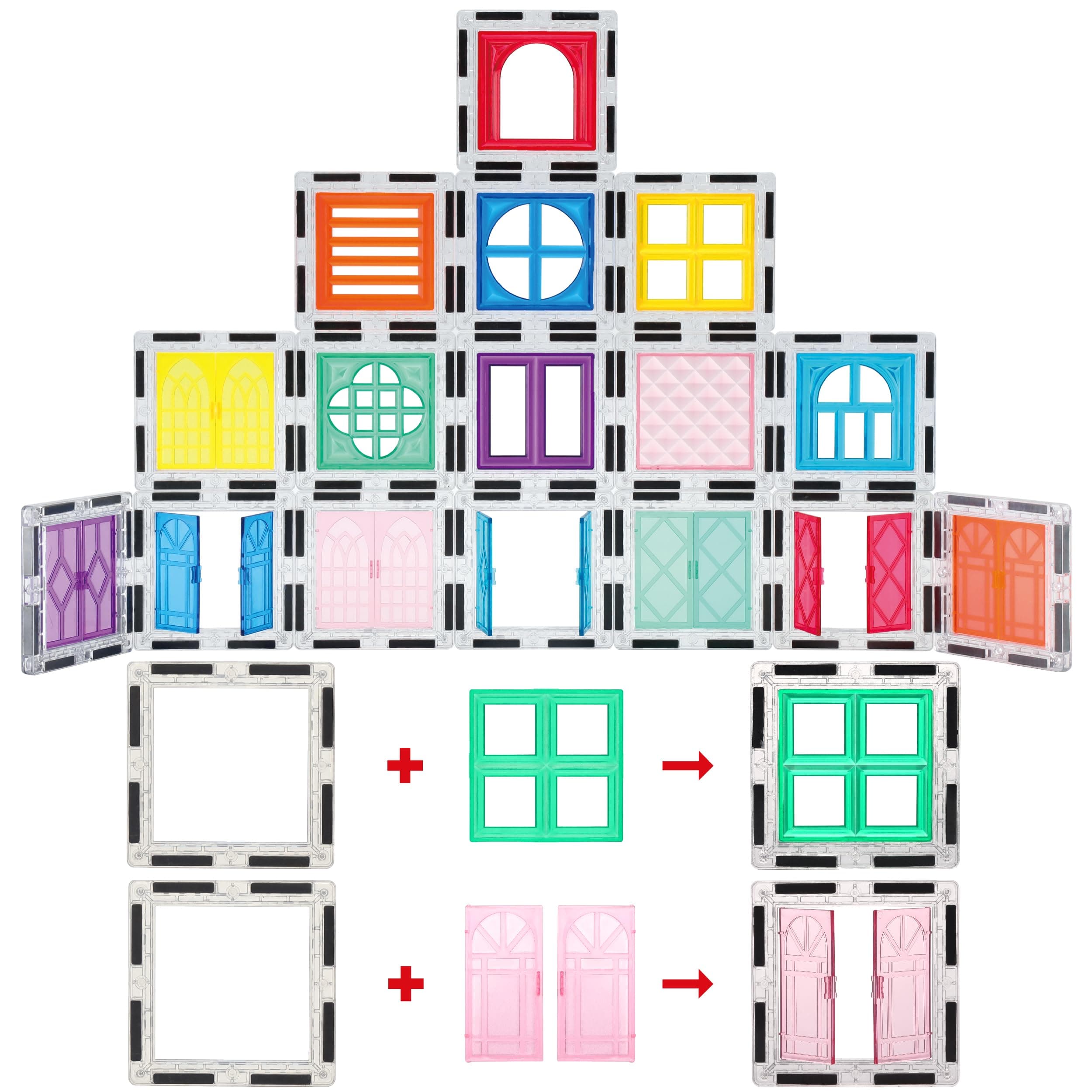 PicassoTiles 40pcs Magnetic Tile Clip-in Window and Door Expansion Set, Magnetic Block Add-ons, Magnet Building Toys, STEM Education Learning Stacking Block, Toddler Boys & Girls