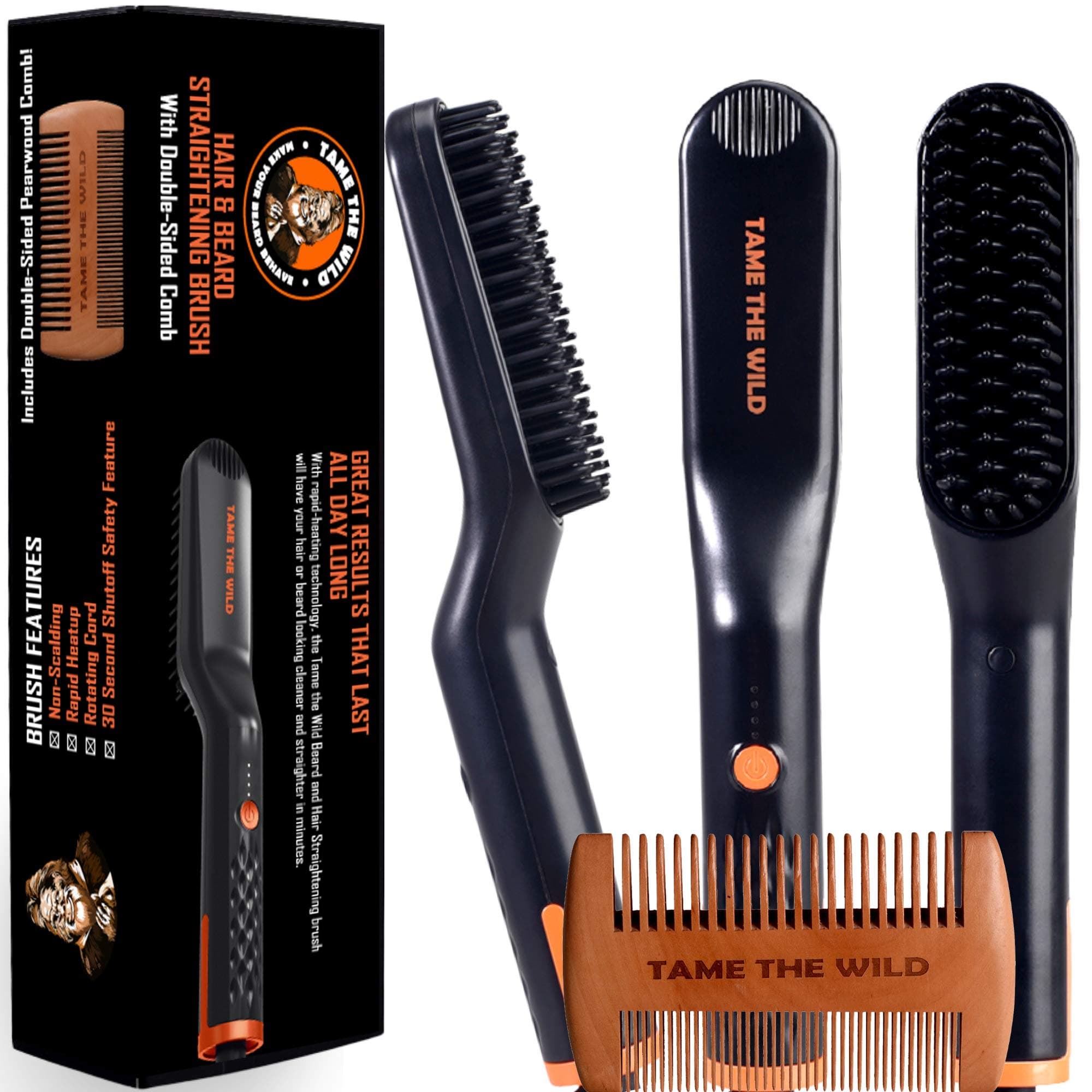 TAME The Wild Beard Brush and Beard Straightener for Men - Ionic Heated Comb with 3 Adjustable Temps - Wooden Beard Comb for Grooming - Anti-Scald Safety - for All Hair Types
