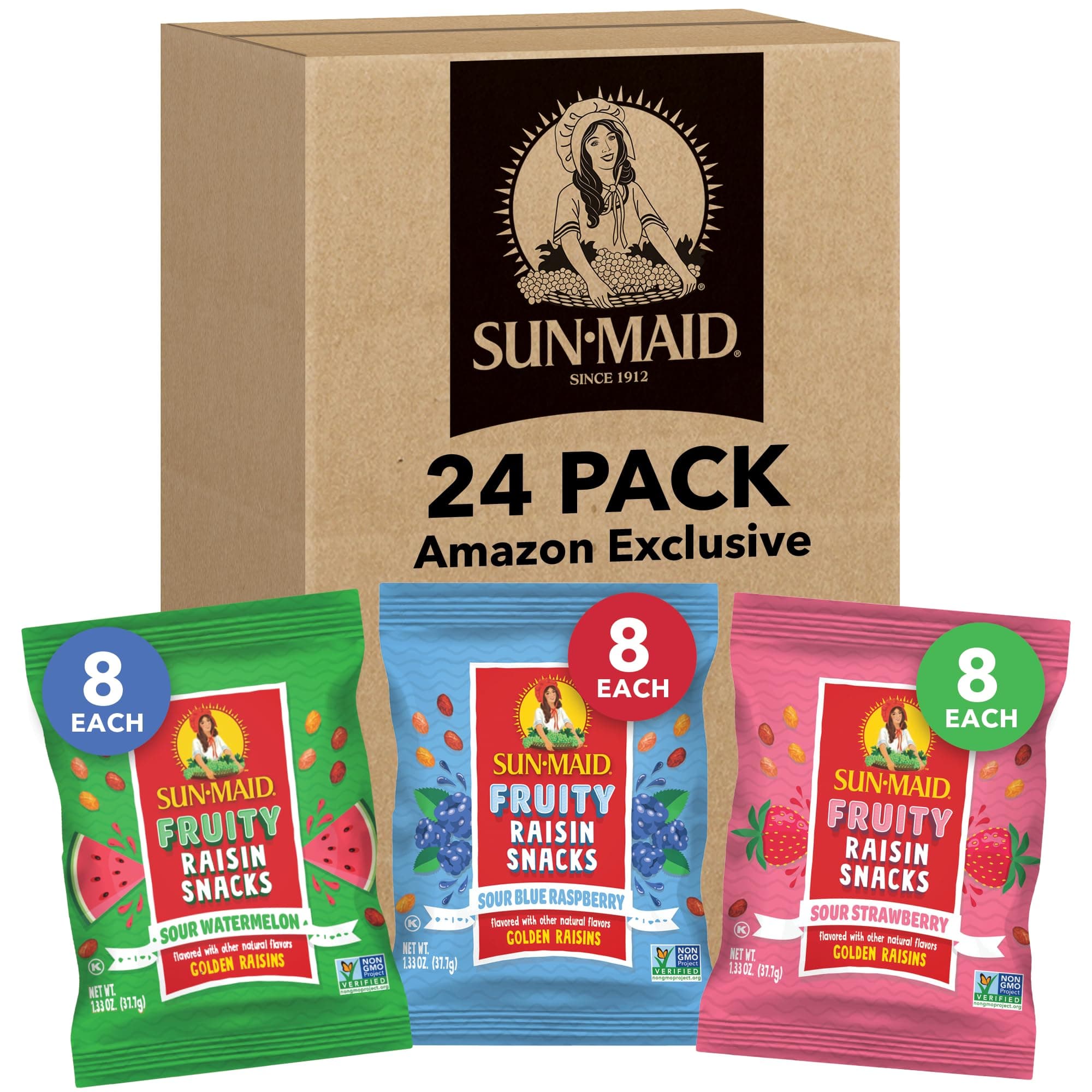 Sun-Maid Fruity Raisin Snack Variety Pack - Sour Strawberry, Watermelon & Blu...