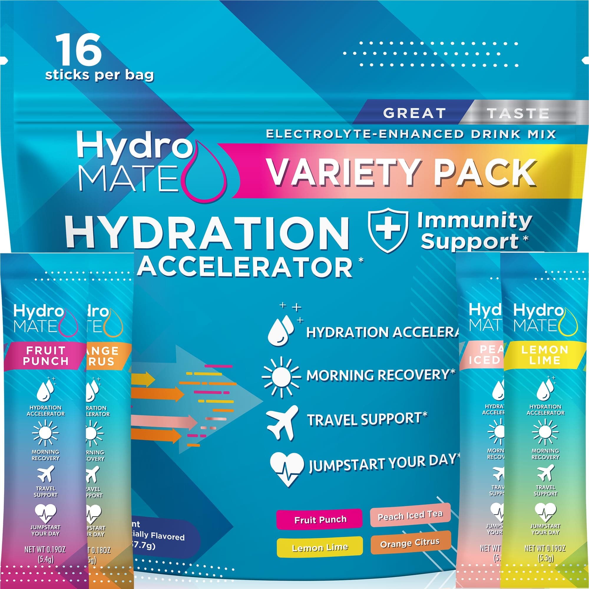 NatureWorks HydroMATE Electrolytes Powder Packets Low Carb Hydration Accelerator Drink Mix Party Relief Plus Vitamin C Variety Pack 16 Sticks